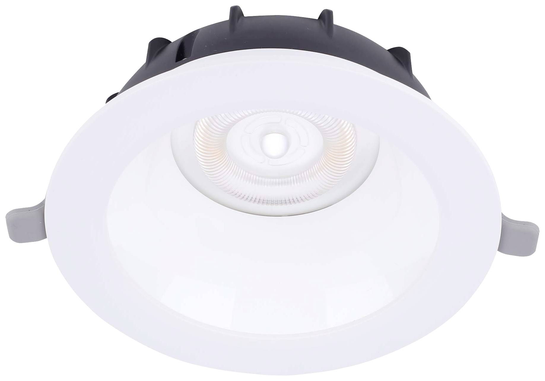 Runder LED-Einbauspot mit weißem, glänzendem Rahmen und sichtbarem Leuchtmittel in der Mitte, eignet sich für Deckenmontage.