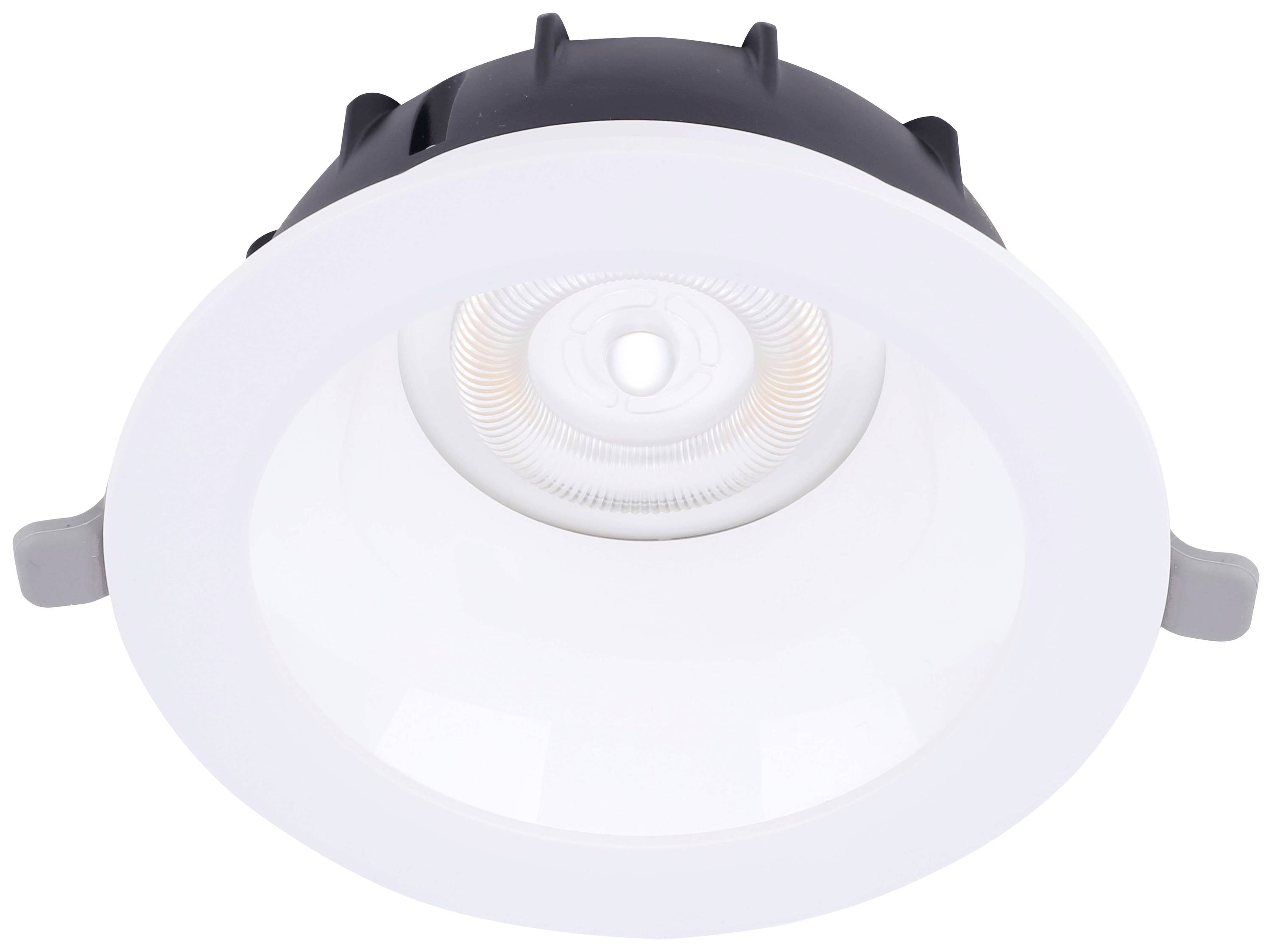 Ein runder LED-Deckeneinbaustrahler mit weißem Rahmen und zentraler Leuchtfläche, geeignet für moderne Innenbeleuchtung.