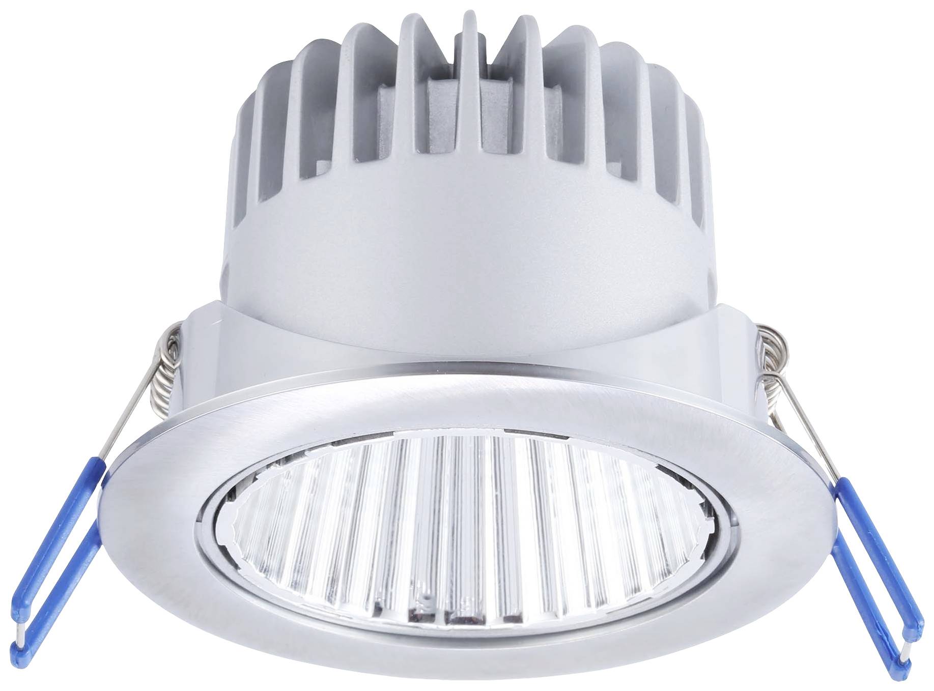 Silberner LED-Deckenstrahler in Nahaufnahme, zeigt Kühlrippen und blaue Halteklammern. Geeignet für elegante Innenbeleuchtung.