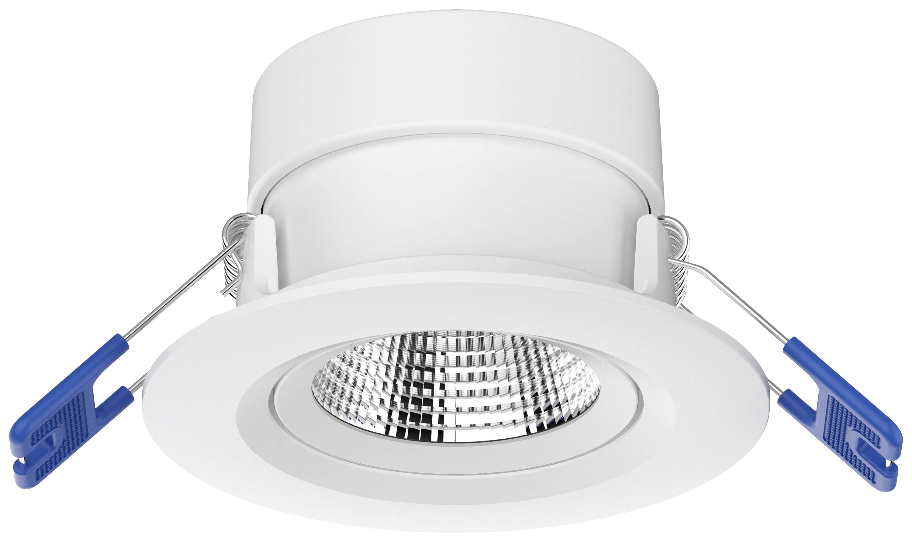 LED-Deckeneinbauleuchte mit rundem, weißem Gehäuse und blauer Halterung.