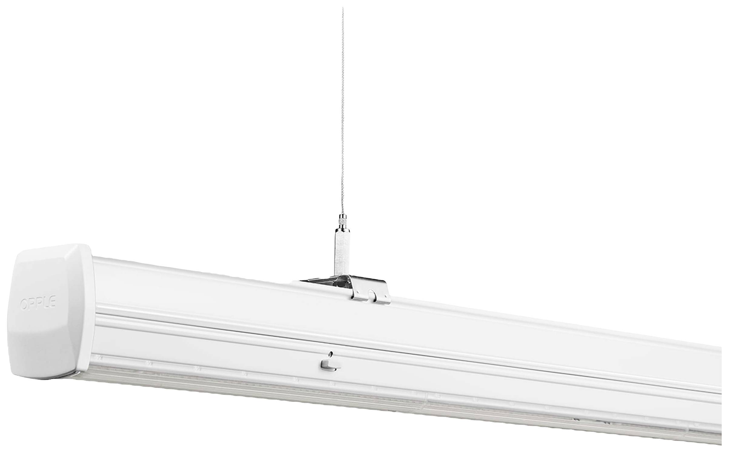Weiße LED-Hängeleuchte mit rechteckigem Gehäuse und Drahtaufhängung, geeignet für die Beleuchtung von Innenräumen wie Büros oder Werkstätten.