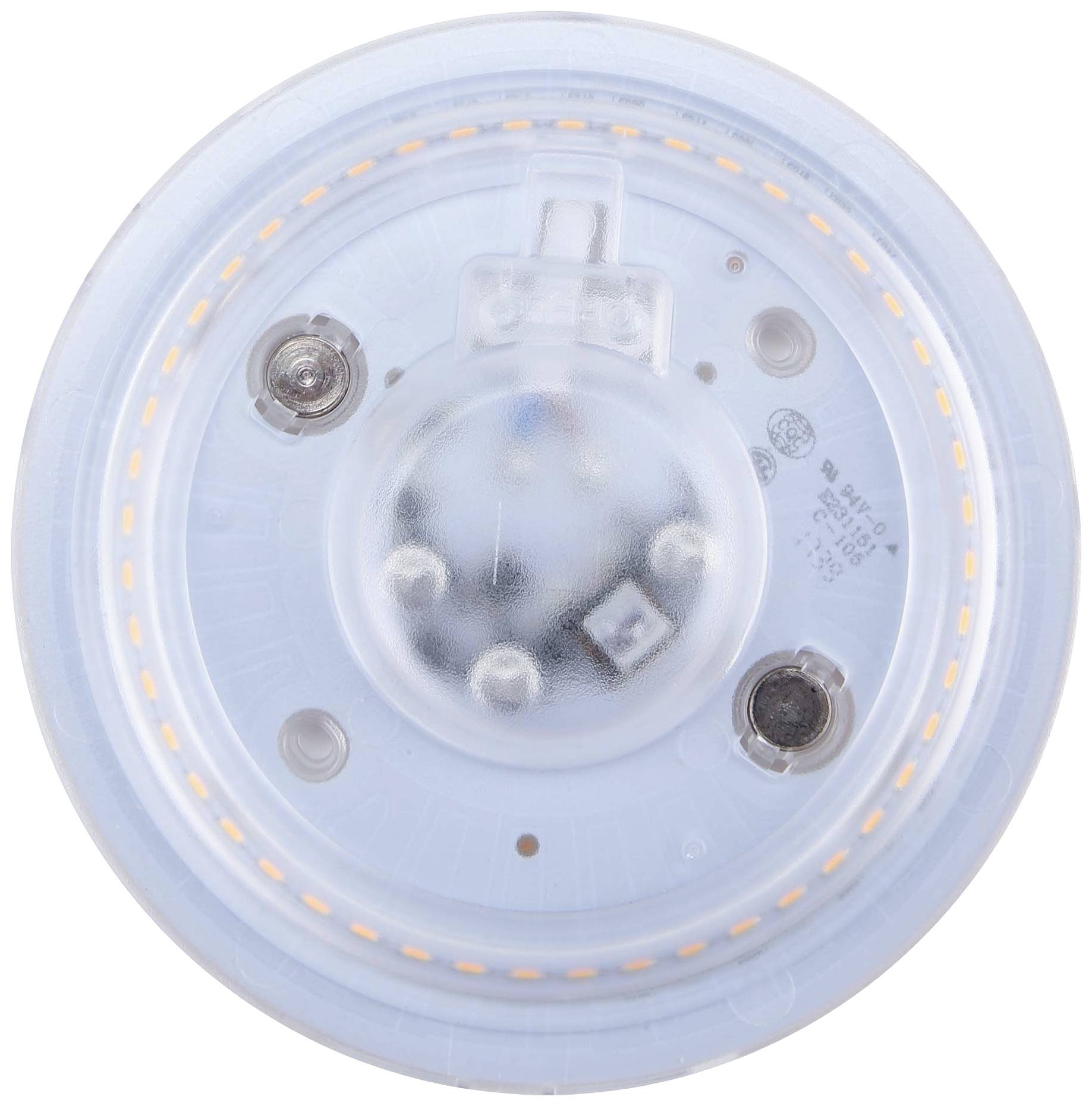 Runde, transparente LED-Lichtquelle mit mehreren sichtbaren Komponenten und orangefarbenem LED-Ring um den Rand.