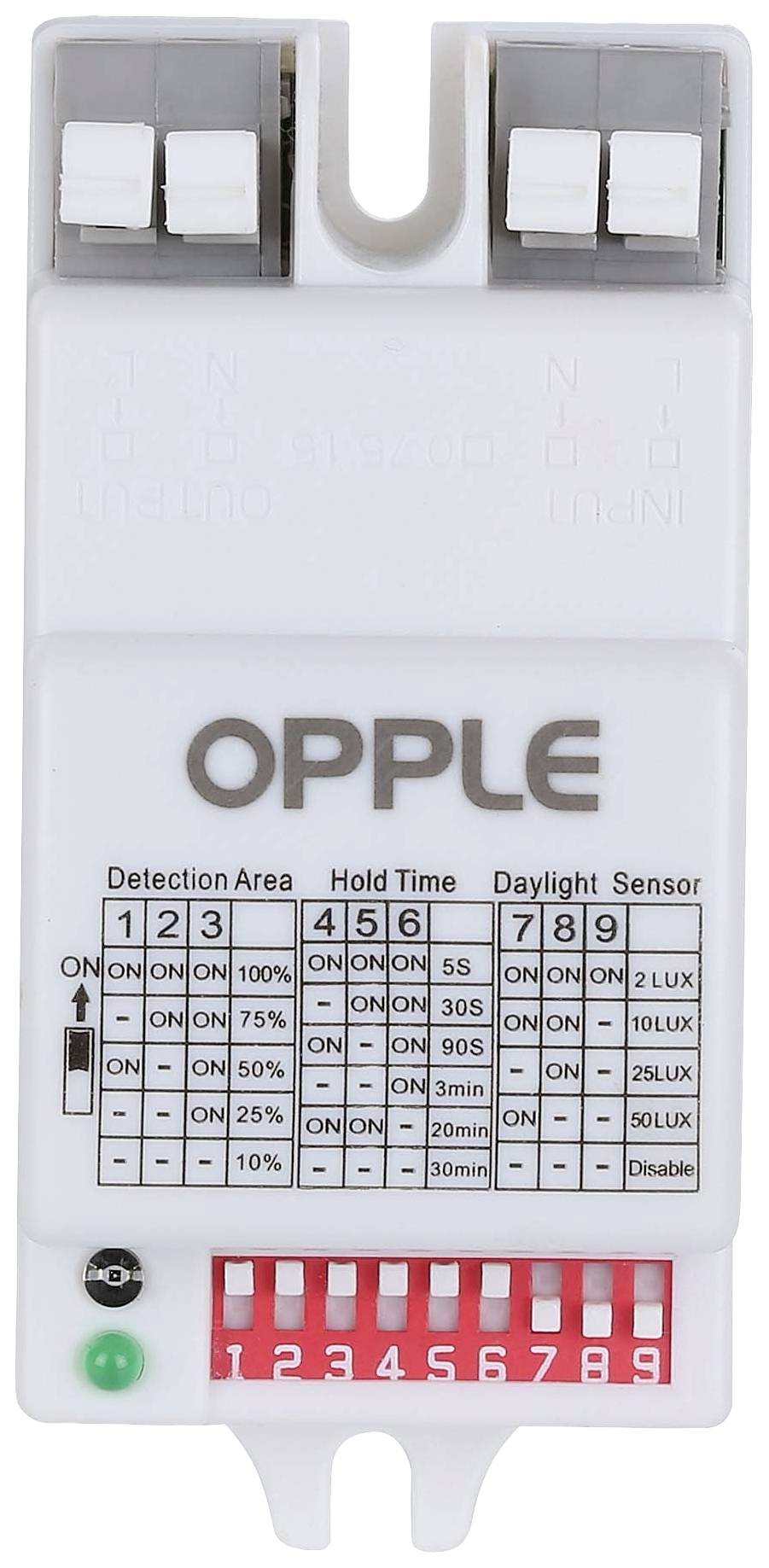 Sensor mit Logo 'OPPLE', Tasten zur Einstellung von Erkennungsbereich, Haltezeit, Tageslichtsensor. Tabellen zeigen Optionen und Werte.