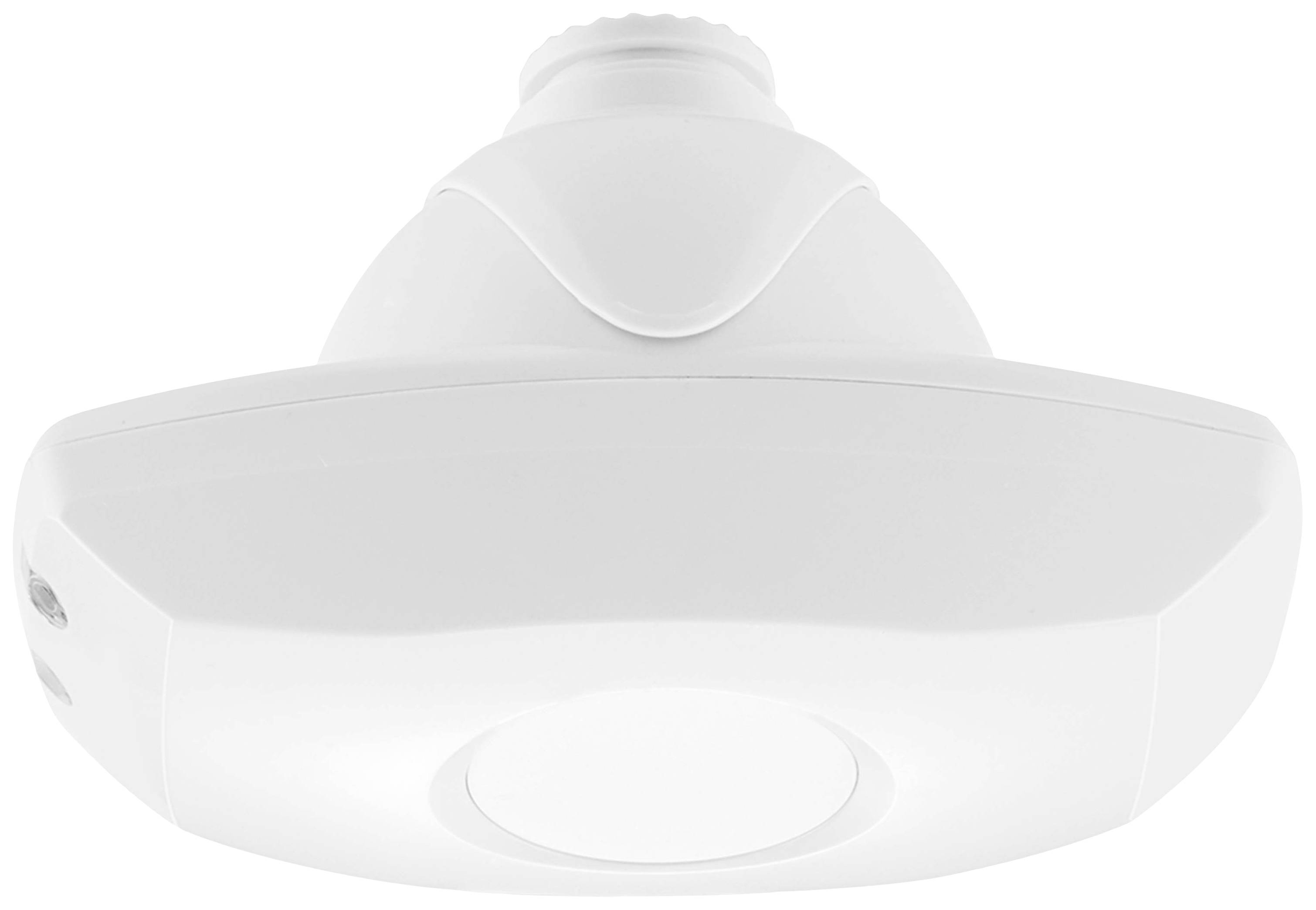 Eine weiße Lampe mit einem runden Leuchtmittel, betrachtet von unten. Ideal zur Deckenmontage in modernen Innenräumen.