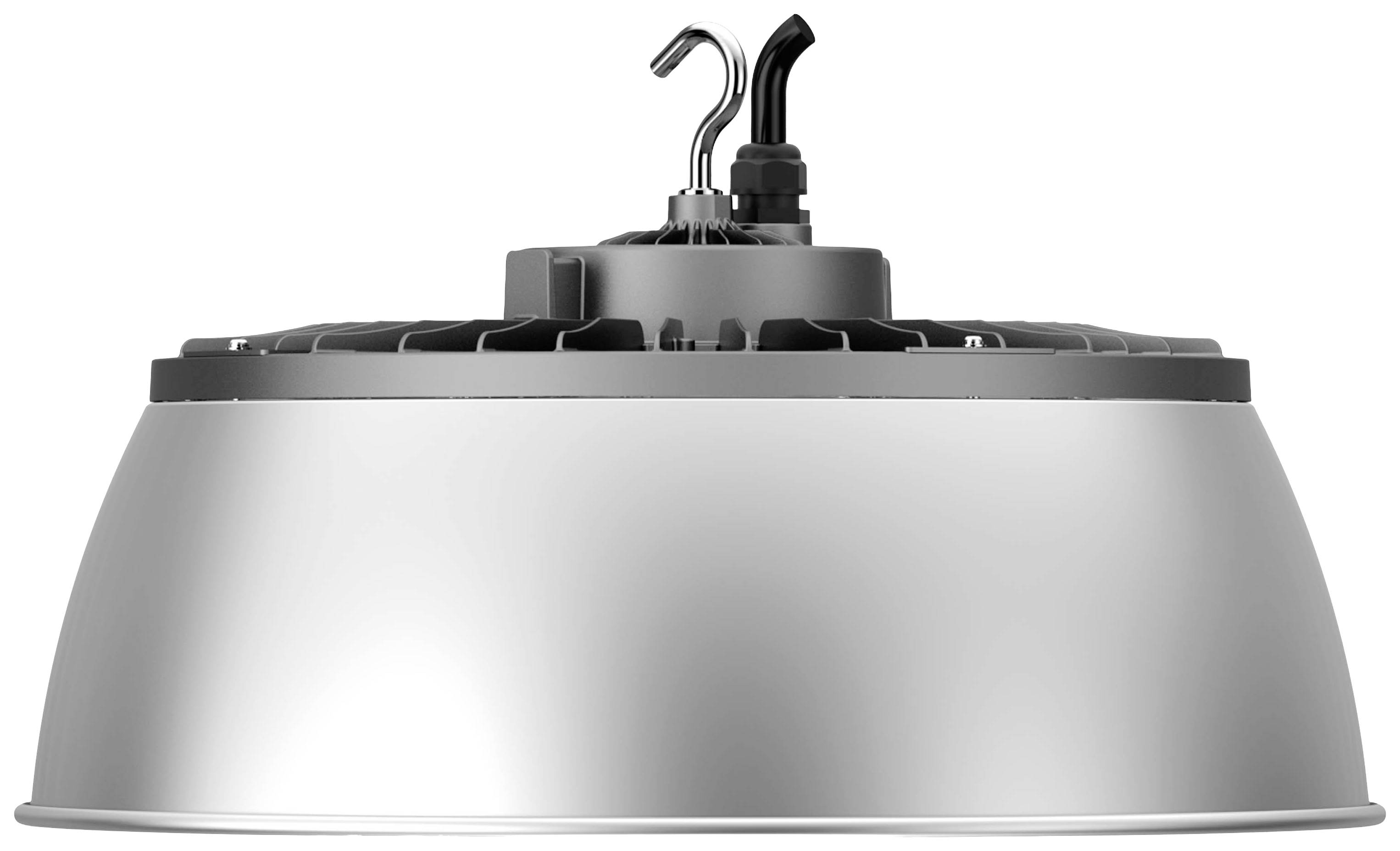 Industrielle LED-Leuchte in Silber, von der Seite gezeigt. Deutlich sichtbar sind die Kühlrippen und Haltevorrichtungen an der Oberseite.