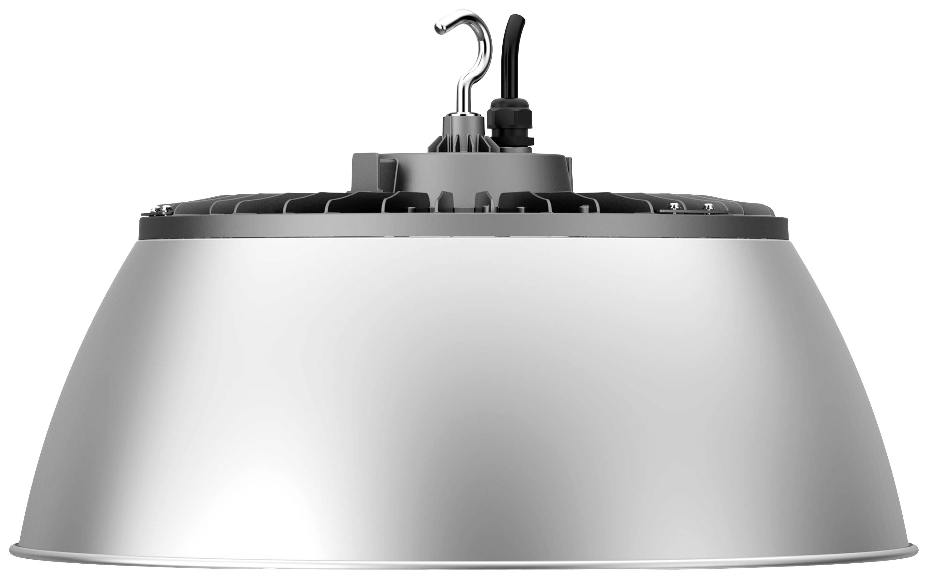 Industrieleuchte mit Haken und Kabel, geeignet für große Räume. Sie hat ein modernes, robustes Design in grau und schwarz.