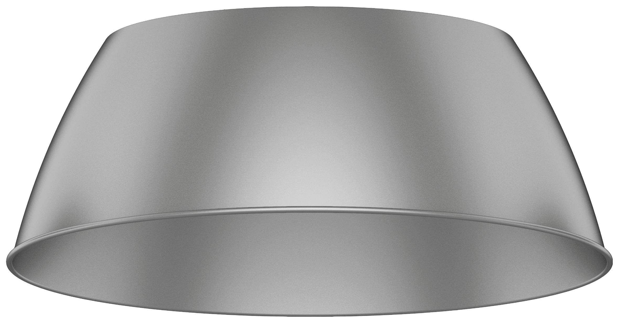 Eine silberfarbene, leicht konische Abdeckung oder Haube, glänzend und metallisch, möglicherweise Teil eines Leuchten- oder Lüftungssystems.