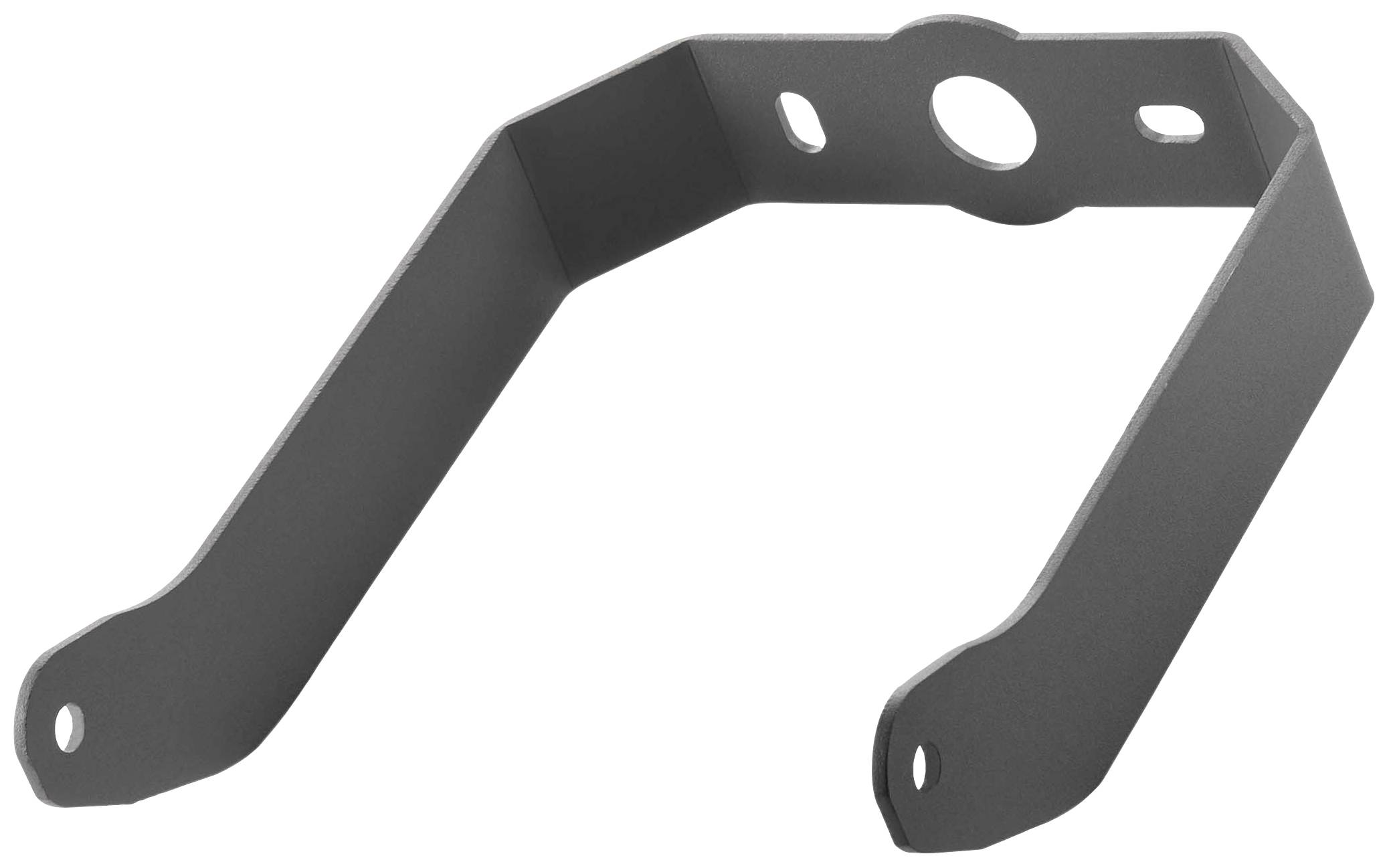 Metallhalterung mit zwei gebogenen Armen und Befestigungslöchern. Dient zur Montage oder Stabilisierung von Geräten oder Strukturen.