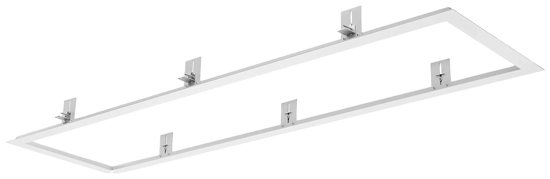 Ein rechteckiges LED-Panel mit einer flachen, weißen Oberfläche und mehreren Halterungen an der Rückseite zur Montage an der Decke.