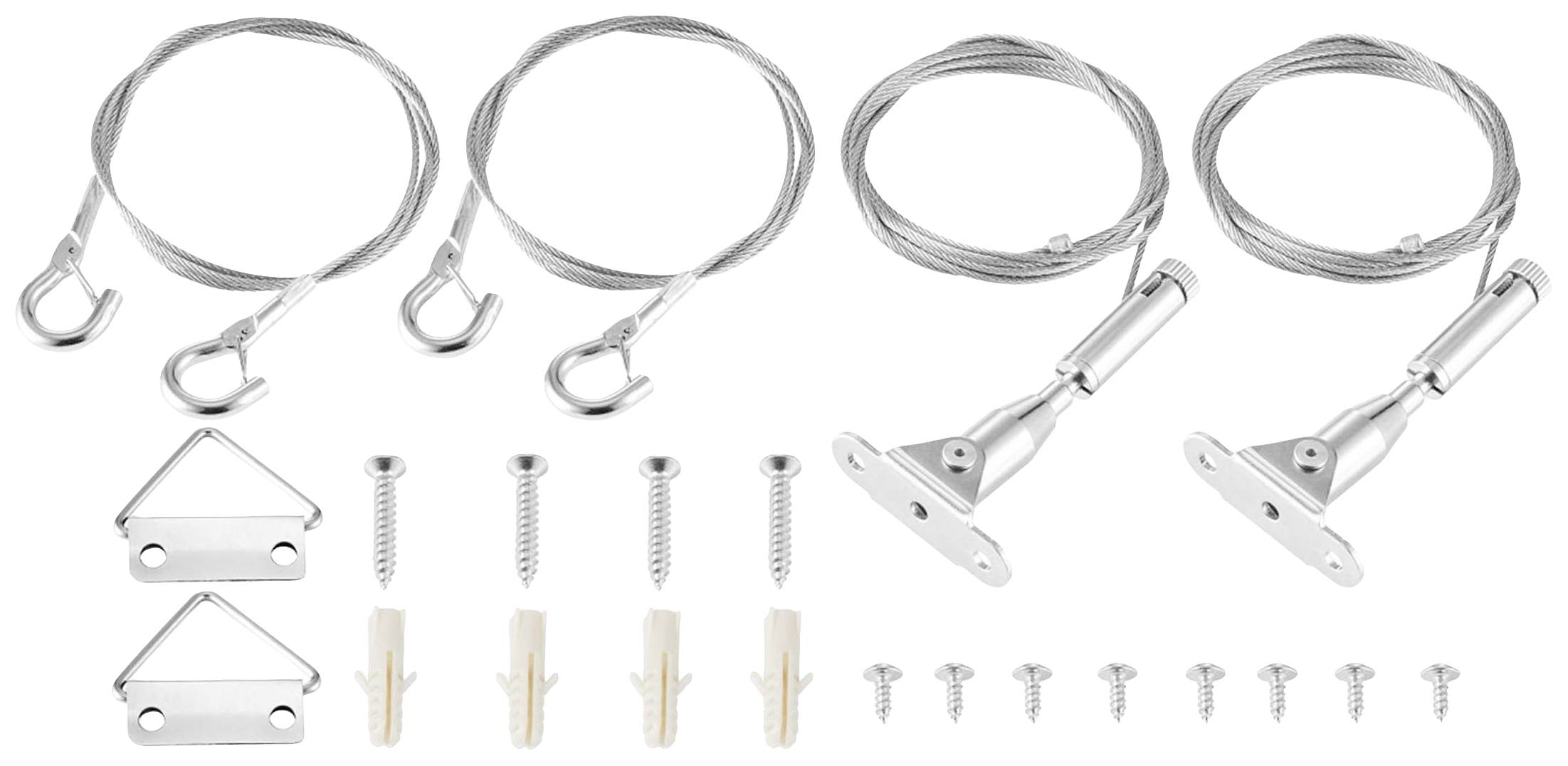 Ein Set aus Bildaufhängungszubehör, einschließlich Haken, Zylinderankern, Schrauben und Metallseilen, für stabile Befestigung.