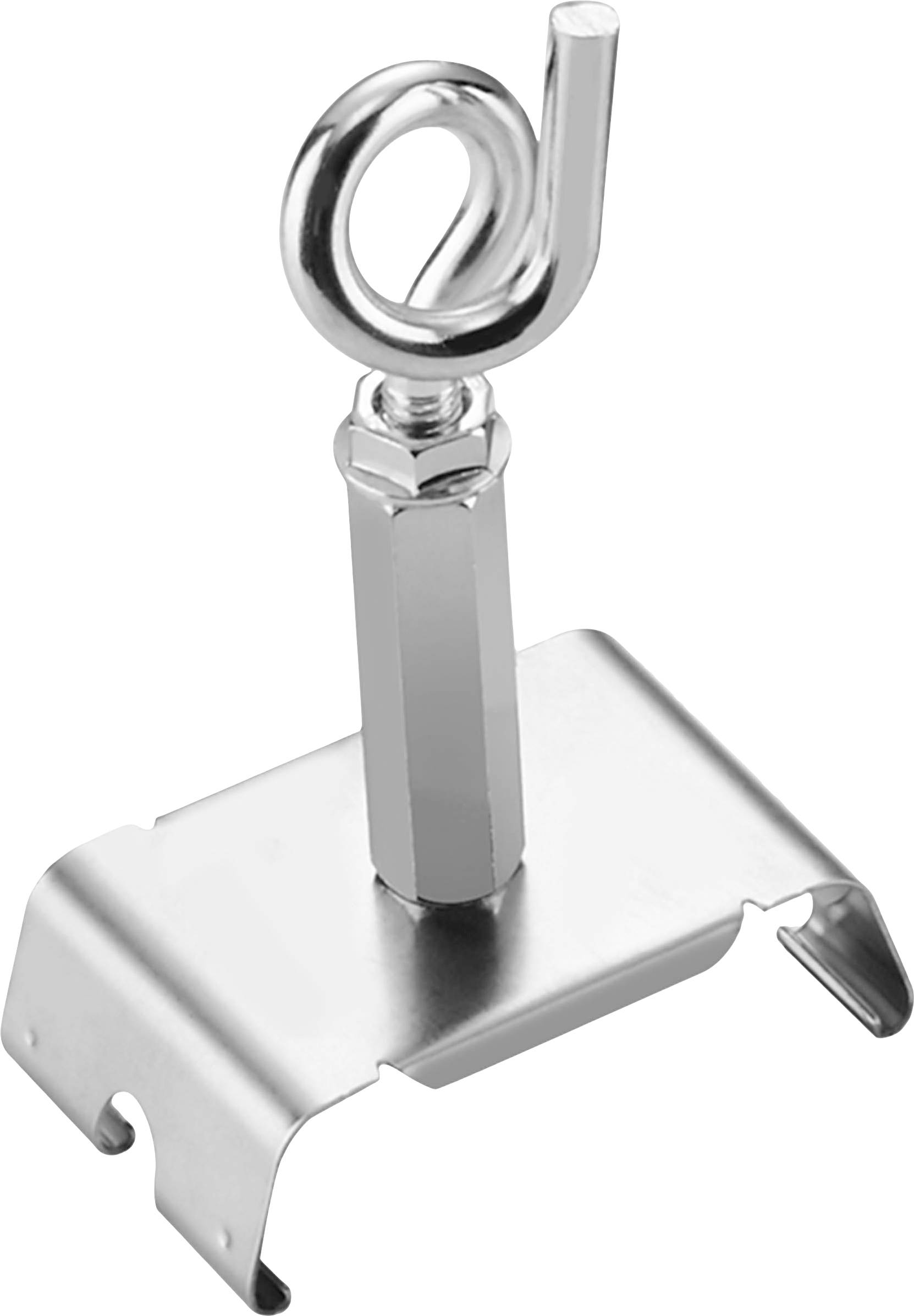 Metallhalterung mit spiraliger Öse, die an einem sechseckigen Bolzen befestigt ist. Die Halterung hat gebogene Klammern an den Seiten.