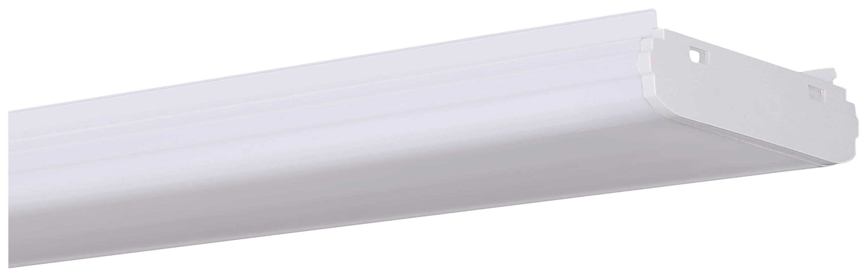 Eine weiße LED-Leuchte in länglicher, rechteckiger Form, geeignet für Deckenmontage. Optimal für Büro- oder Werkstattbeleuchtung.
