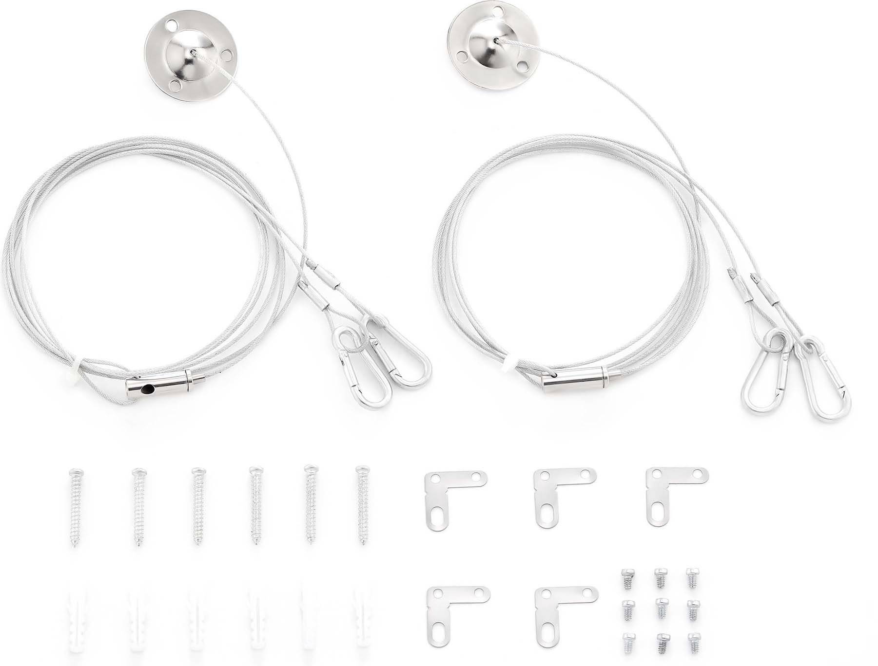 Zwei Sets von Metallseilen mit Befestigungselementen und Schrauben, geeignet zur Montage von Bilderrahmen oder Dekorationen an der Wand.