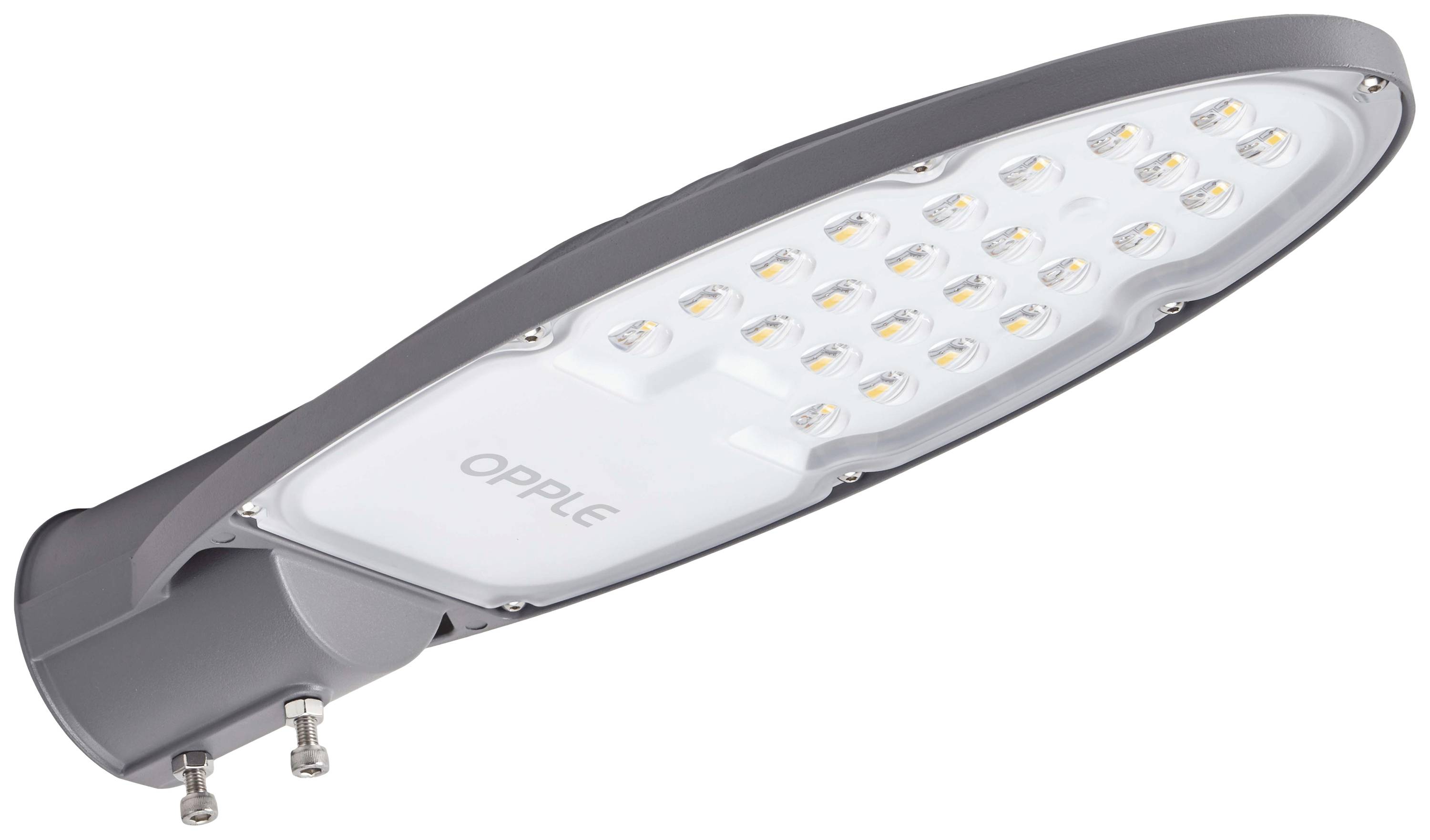 Straßenlampe mit mehreren LED-Leuchten in einem modernen, grauen Gehäuse. Im Zentrum steht das Wort 'OPPLE'.