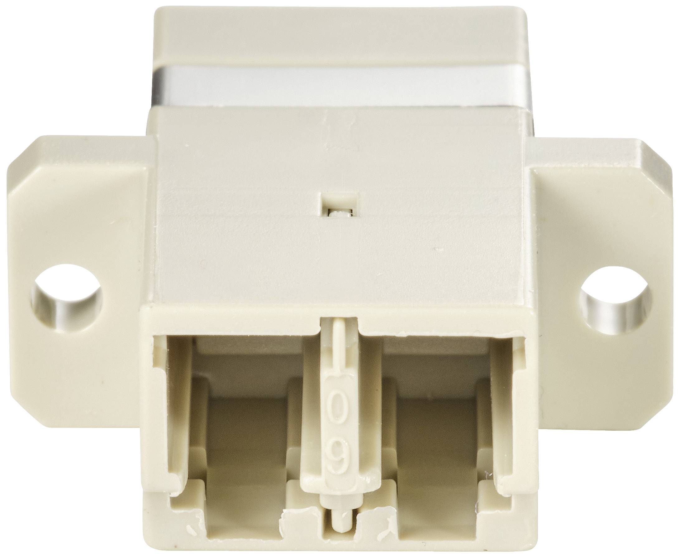 Nahaufnahme eines beige Kunststoffteils mit zwei rechteckigen Öffnungen, möglicherweise ein elektrischer Steckverbinder.