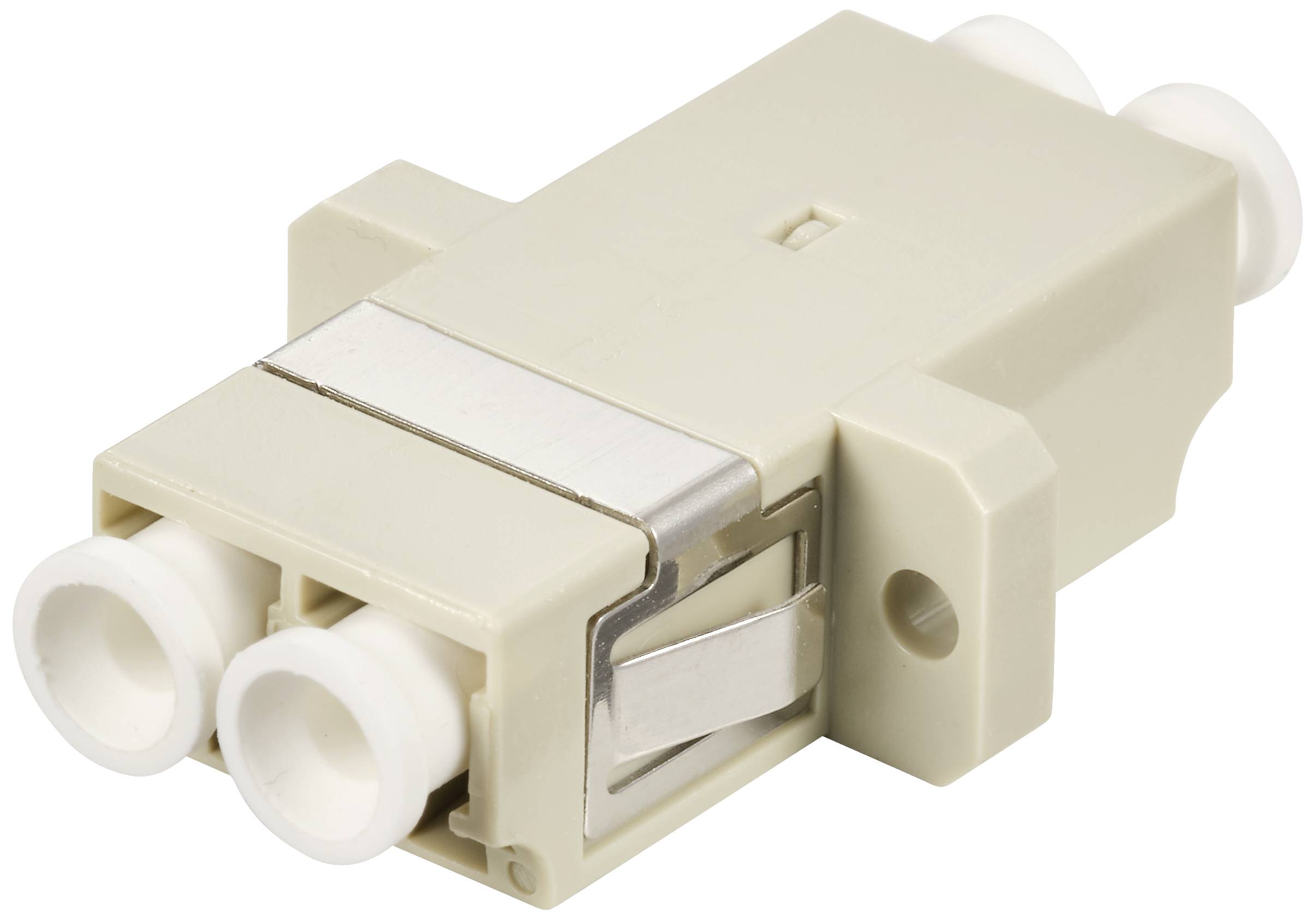 Zweifach LC-Glasfaseradapter in beige mit Metallclip, zur Verbindung von zwei optischen Kabeln in Netzwerksystemen.