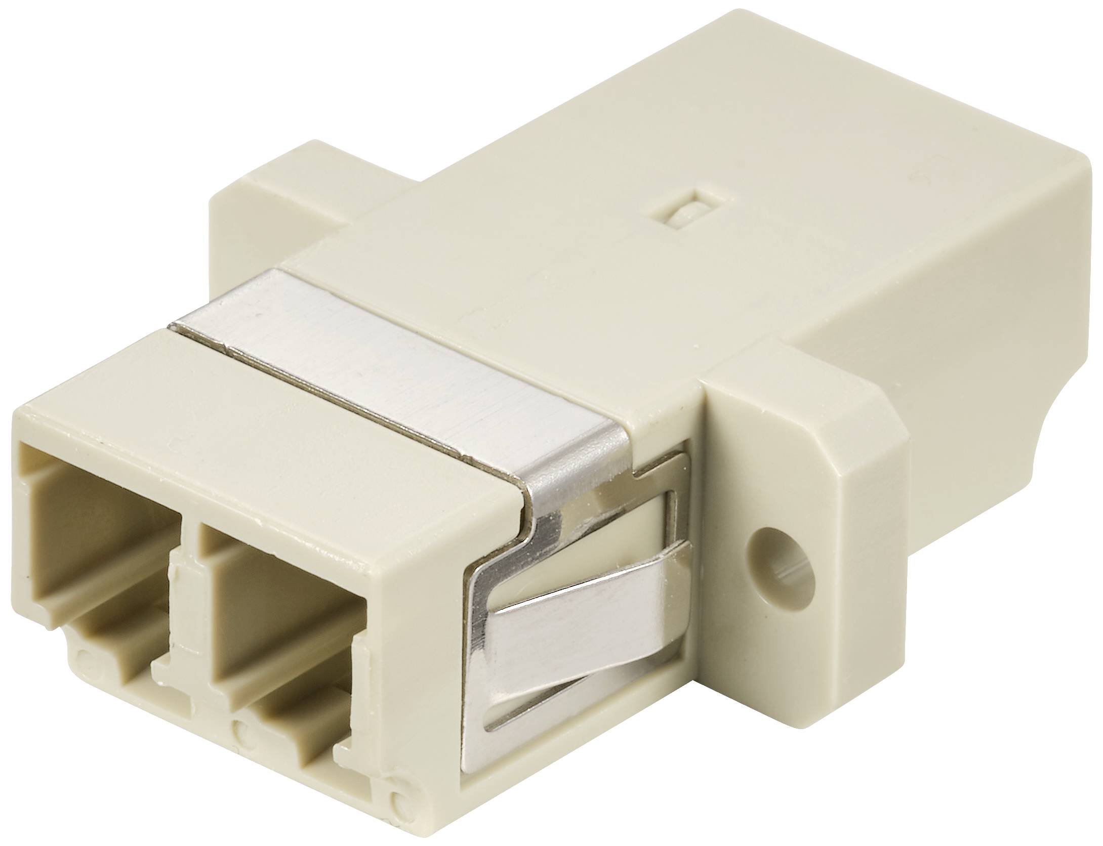 LWL Kupplung LC Duplex, beige, für Glasfaserkabel, zwei LC-Anschlüsse mit Metalllasche, rechteckige Form, seitliche Befestigungsbohrung.