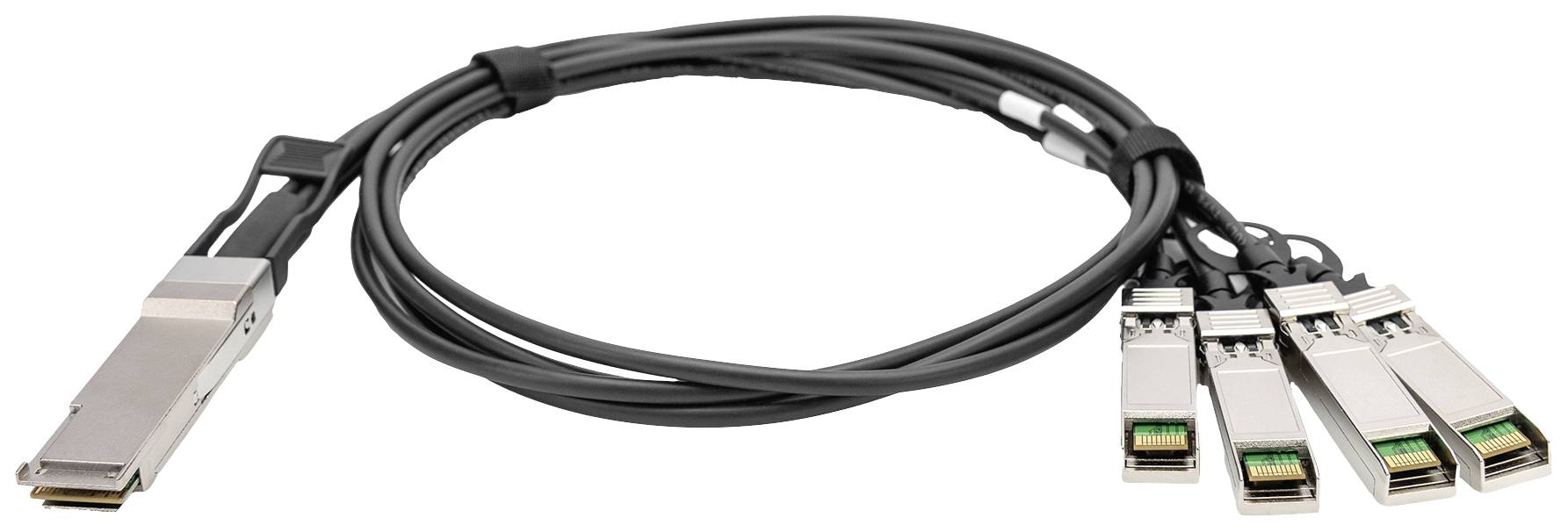 Ein schwarzes Kabel mit einem großen Stecker auf einer Seite und vier kleineren Steckern auf der anderen, verwendet für Datenverbindungen.