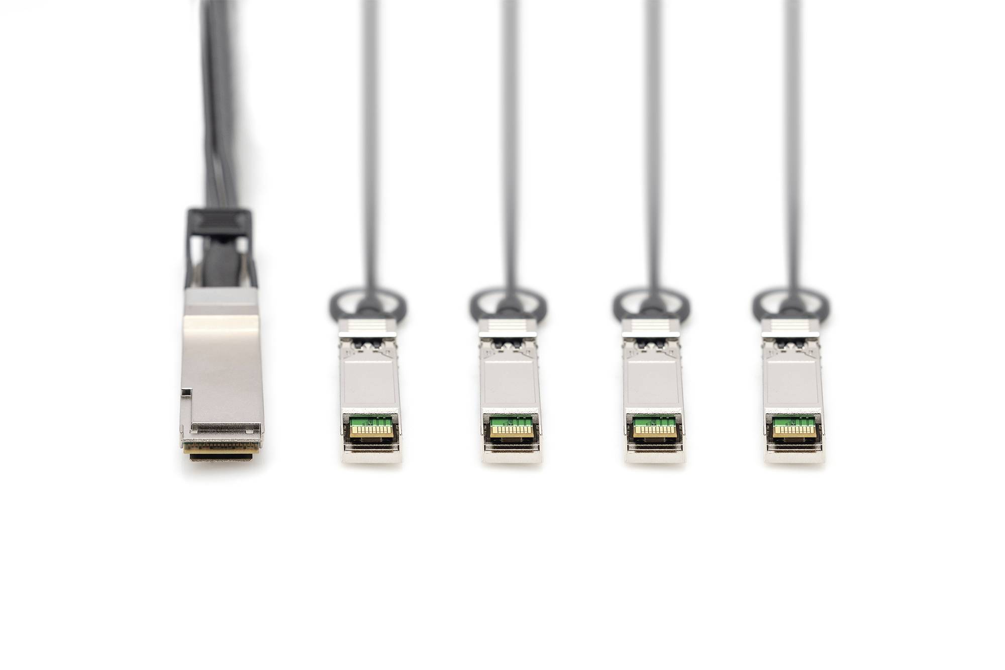 Fünf silberne Netzwerkstecker mit langen Kabeln auf weißem Hintergrund, der linke Stecker ist größer als die anderen.