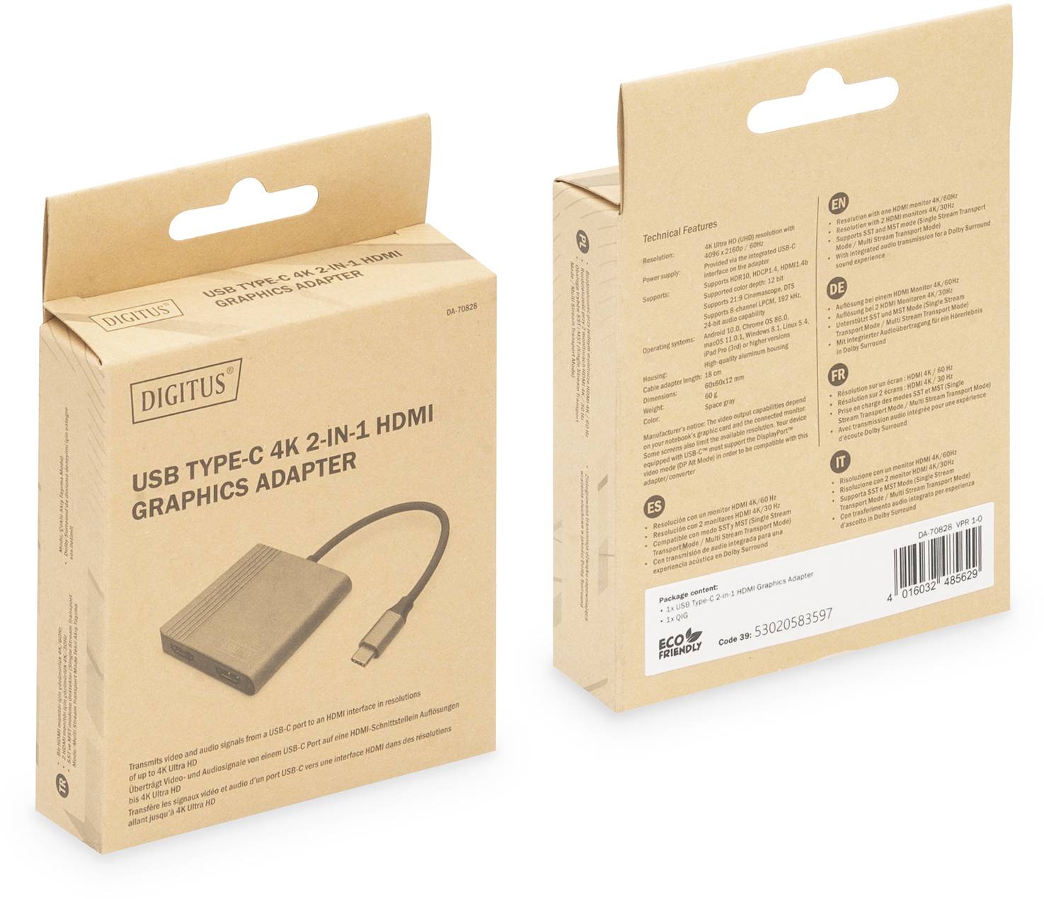 Digitus DA-70828 HDMI / USB-C® Adapter [1x USB-C® - 2x HDMI-Buchse] Schwarz Geschirmt, Rund 0.18m