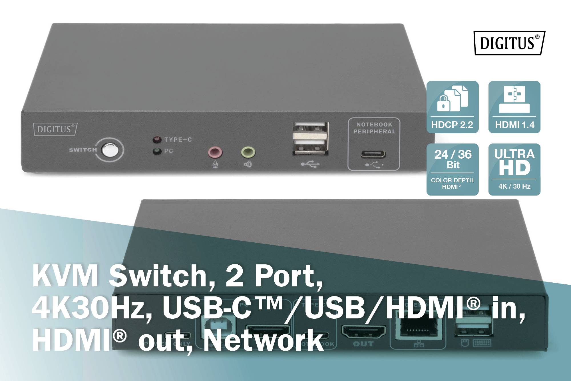 Digitus DS-12901 2 Port KVM-Umschalter HDMI Tastatur, USB 1920 x 1080 Pixel, 1920 x 1200 Pixel, 1920 x 1280 Pixel, 1920 x 1440 Pixel, 2560 x 1080