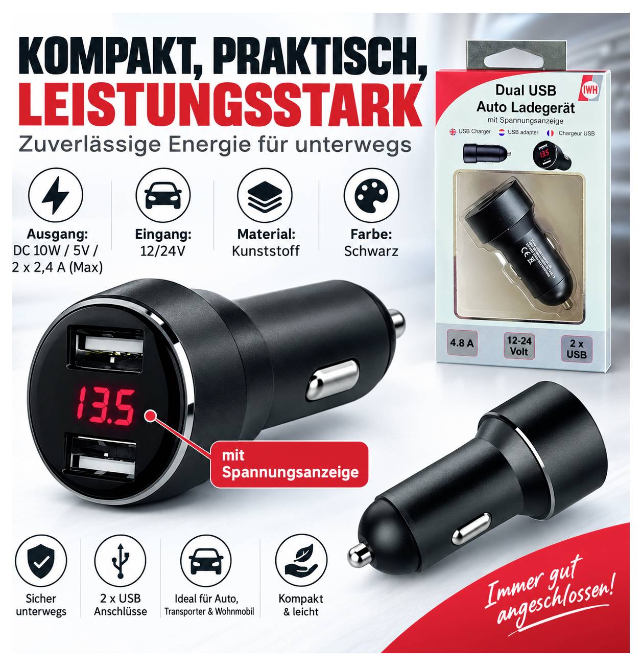 Werbegrafik für ein schwarzes Dual-USB-Autoladegerät mit Spannungsanzeige, 12/24 V Eingang, 5 V/2x 2,4 A Ausgang; abgebildet in Verpackung und als Produktfoto.
