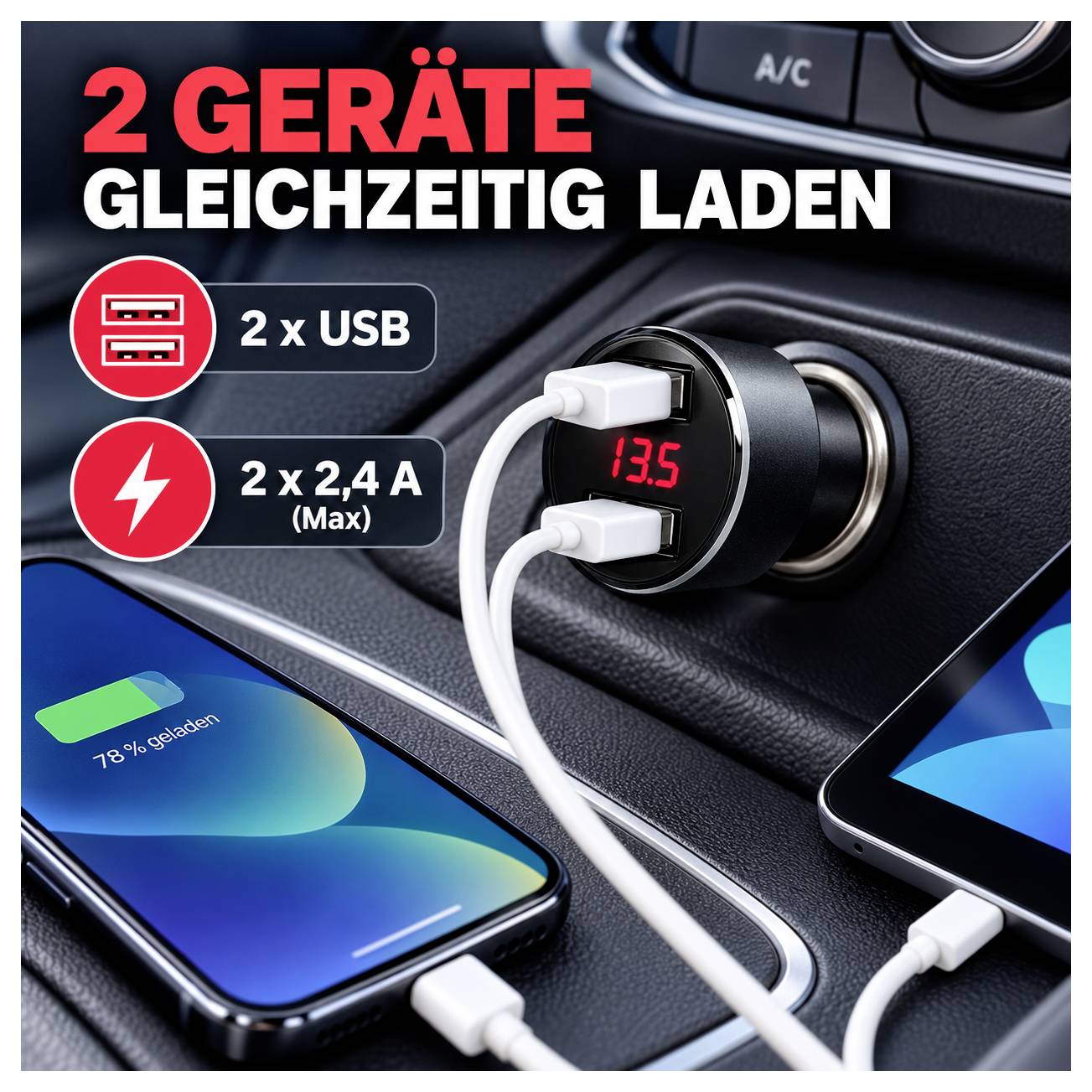 Auto-USB-Ladeadapter im Zigarettenanzünder lädt zwei Geräte gleichzeitig; Anzeige 13,5, Text: '2 GERÄTE GLEICHZEITIG LADEN', '2 x USB', '2 x 2,4 A (Max)'