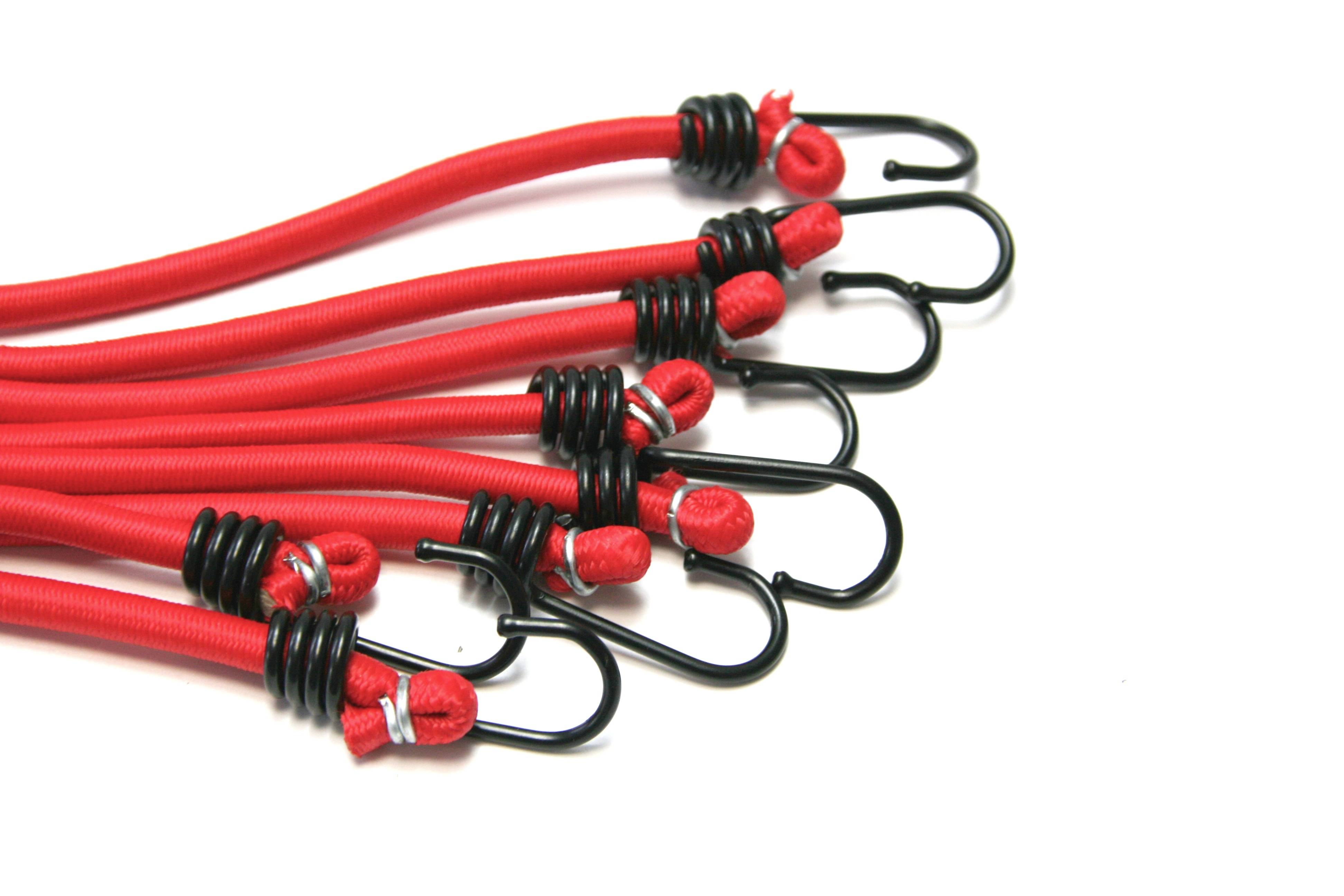 Rote Spanngummis mit schwarzen Haken. Sieben Stück nebeneinander liegend, ideal zum Sichern von Gegenständen beim Transport.