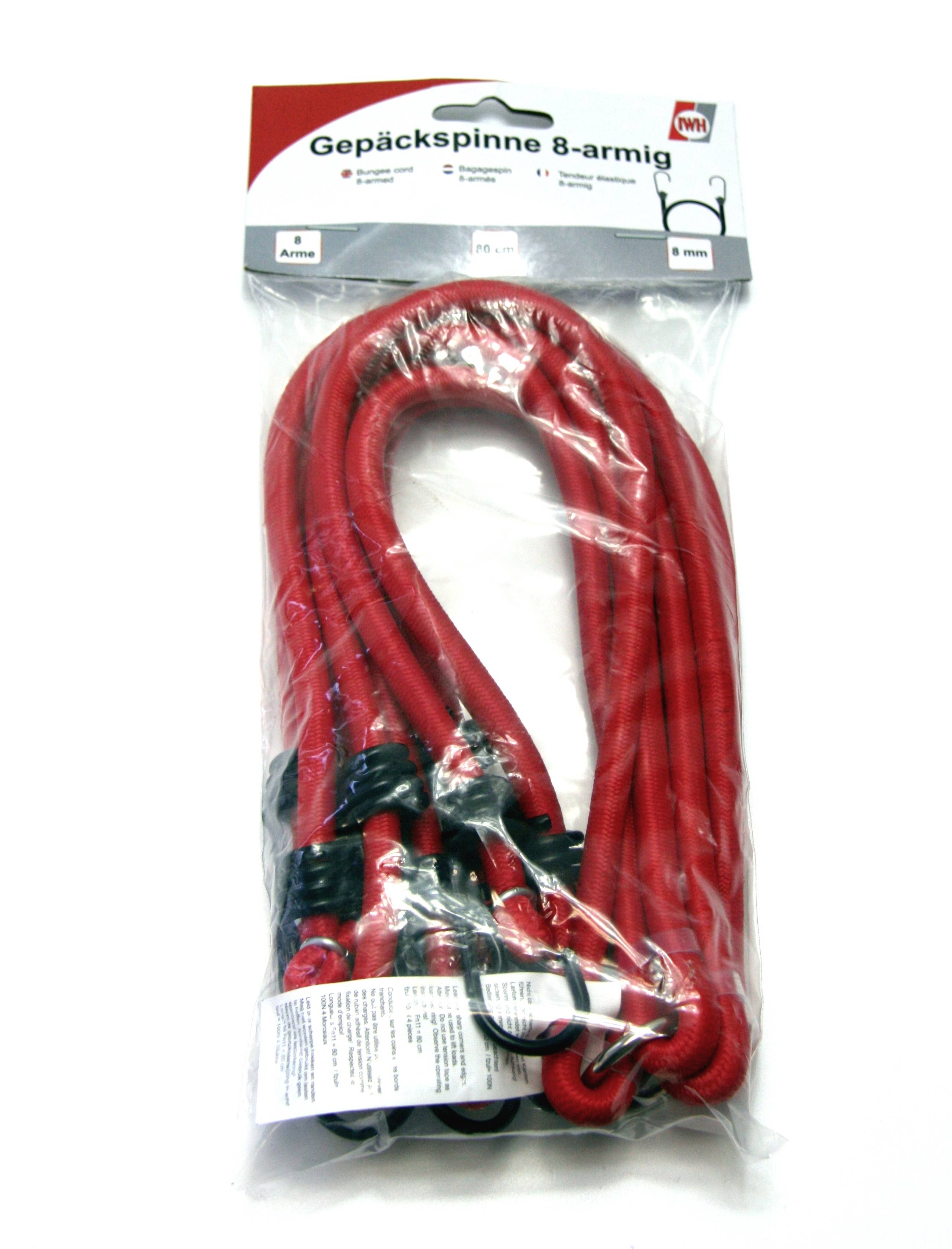 Rote, achtarmige Gepäckspinne in Verpackung mit Haken. Verpackungspapier zeigt Marke und Hinweis zu 8-facher Armigkeit. Geeignet zur Sicherung von Ladung.
