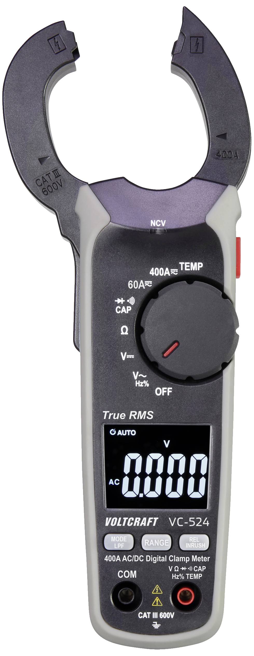 Digitales Zangenmultimeter mit LCD-Anzeige, zeigt AC-Spannung von 0.000V. Enthält Wahlschalter für Funktionen wie TEMP, CAP, Hz.