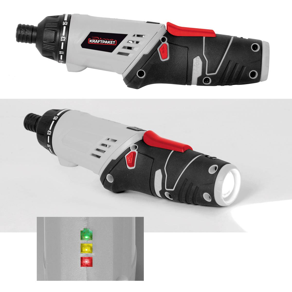Ein schwarzer und grauer elektrischer Schraubendreher mit rotem Schalter und LED-Anzeige. LEDs zeigen Akkustand in Rot, Gelb und Grün.