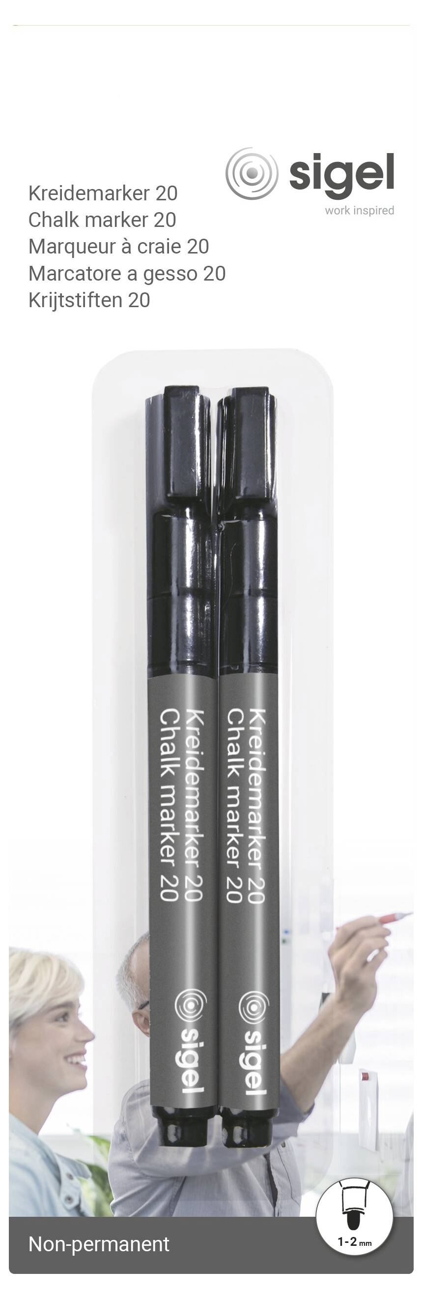 Sigel nicht permanente schwarze Keilspitzen-Marker, 2er-Pack, mit den Etiketten „Kreidemarker 20", „Chalk marker 20" und „Marqueur à craie 20".