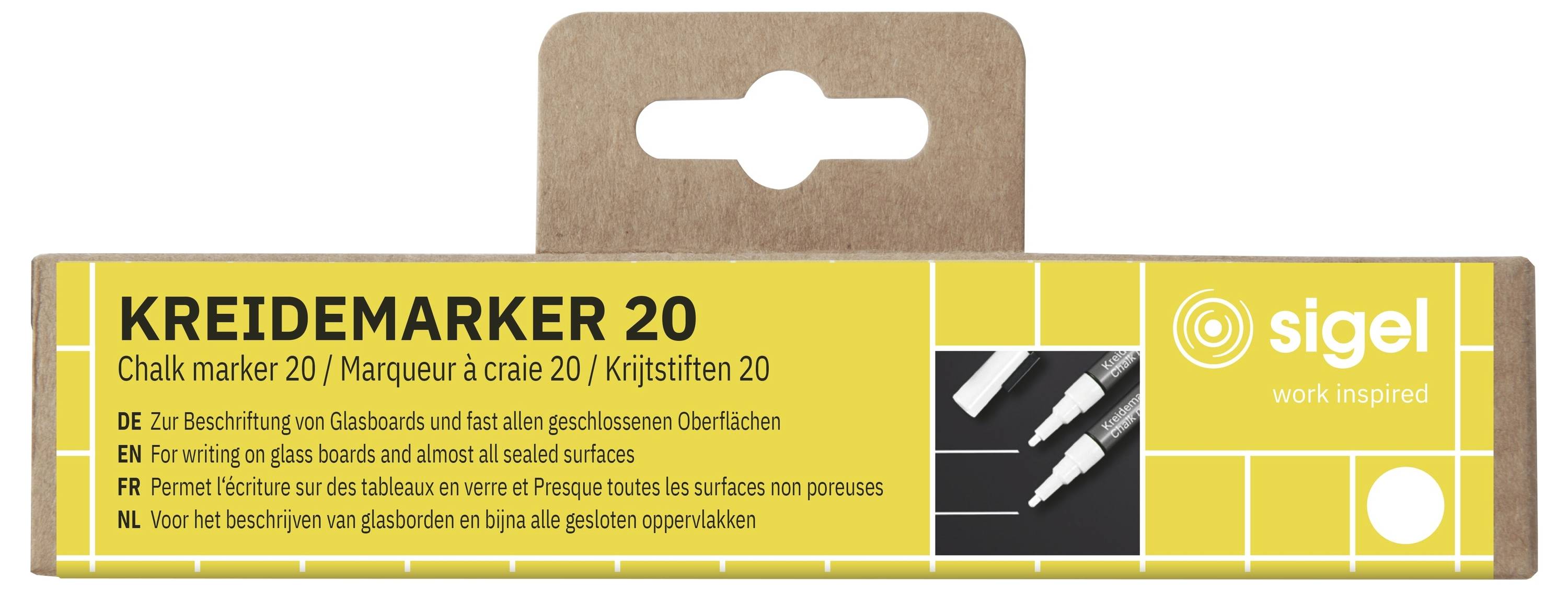 Verpackung für „KREIDEMARKER 20" Kreidemarker, gelbe und weiße Box mit Sigel-Etikett und Produktdetails in mehreren Sprachen.