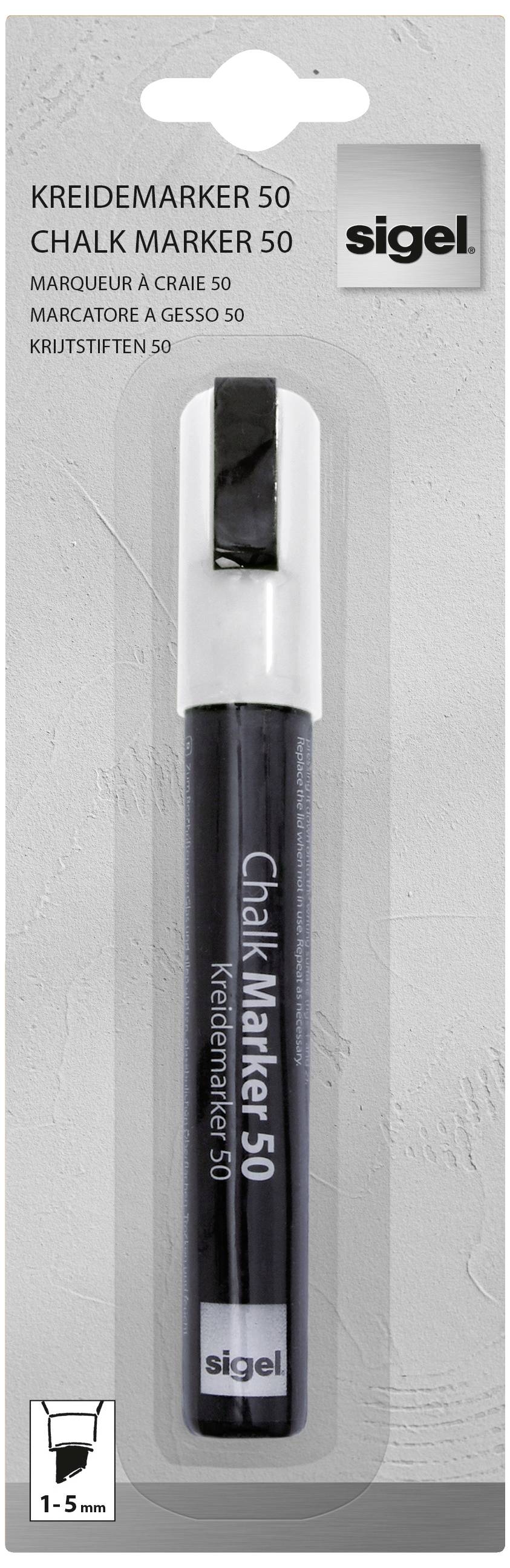 Verpackung eines schwarzen Kreidemarkers von Sigel, Größe 1-5mm. Enthält einen beschrifteten Kreidemarker mit schwarzem Deckel.