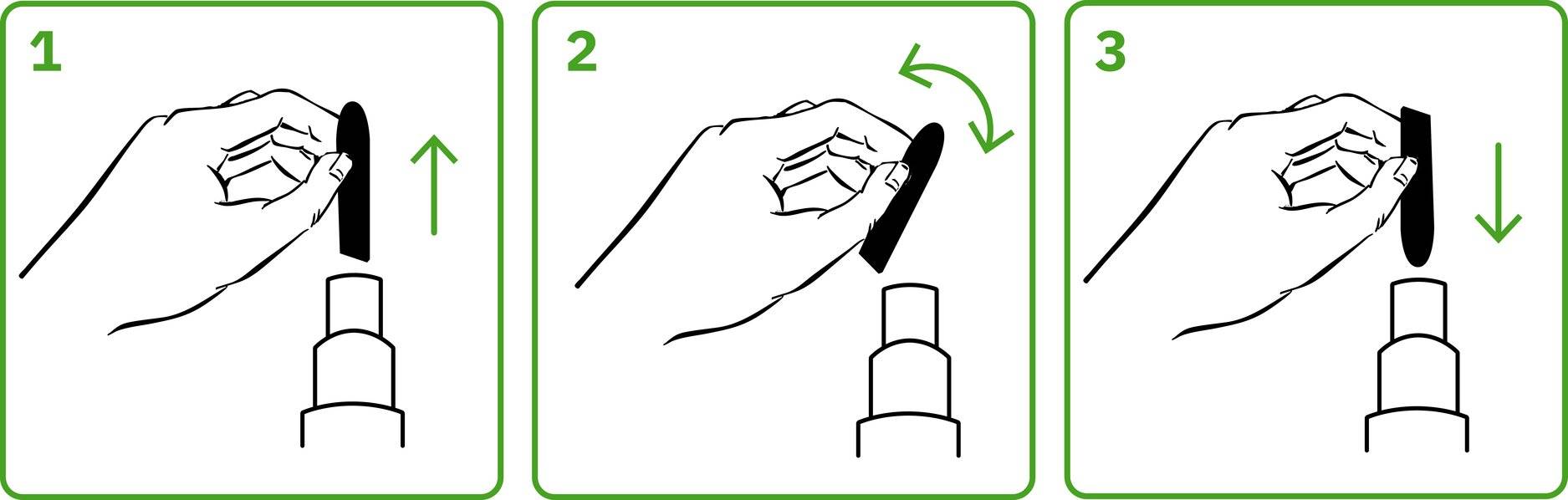 Dreiteiliges Diagramm zum Auftragen einer Kappe oder eines Kosmetikprodukts: abheben, drehen/wenden und dann wieder aufdrücken.