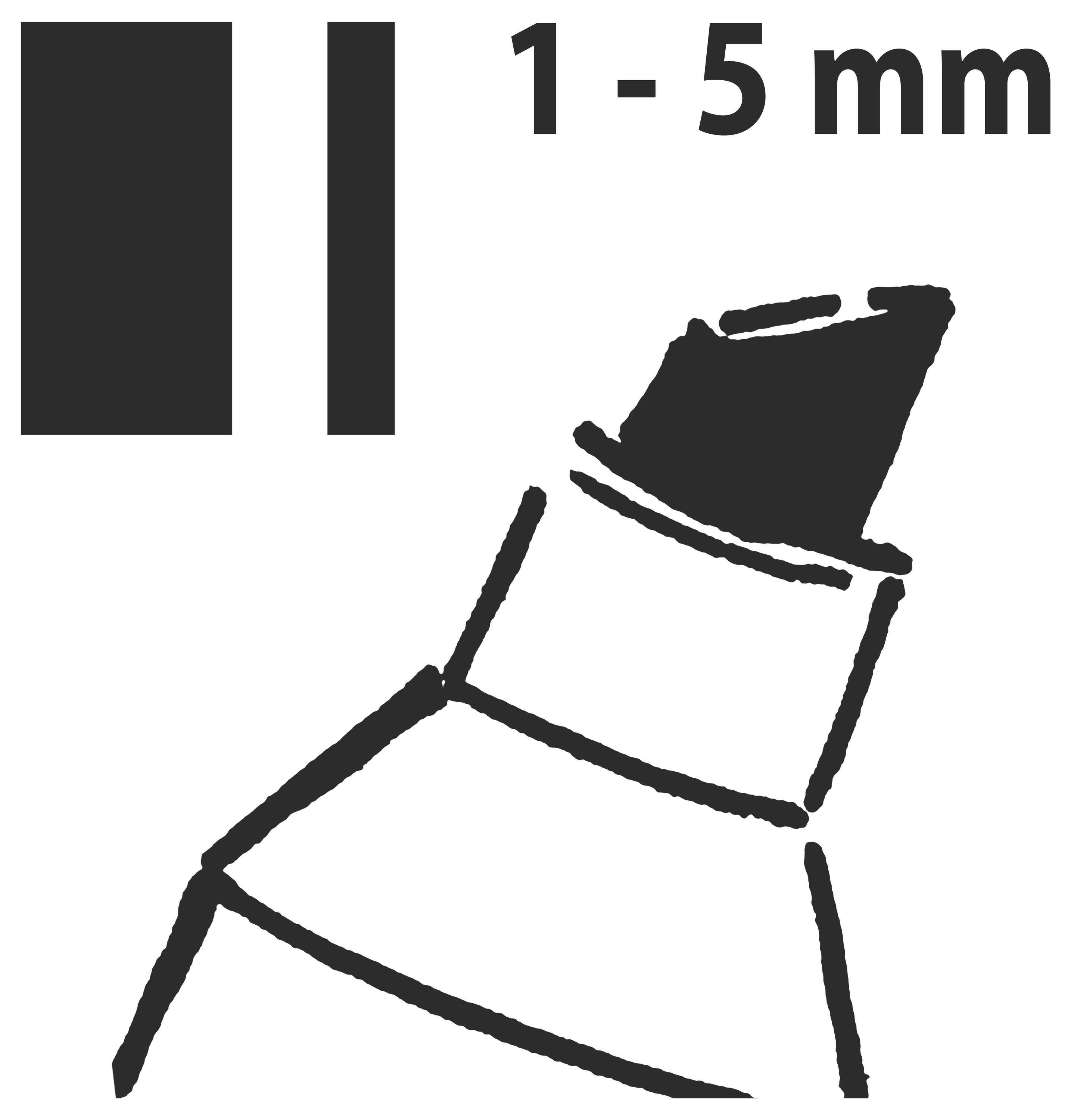 Schwarzes Piktogramm eines kleinen geneigten Behälters mit einer 1-5 mm Beschriftung und zwei schwarzen Balken, die einen Größen- oder Dickenbreich anzeigen.