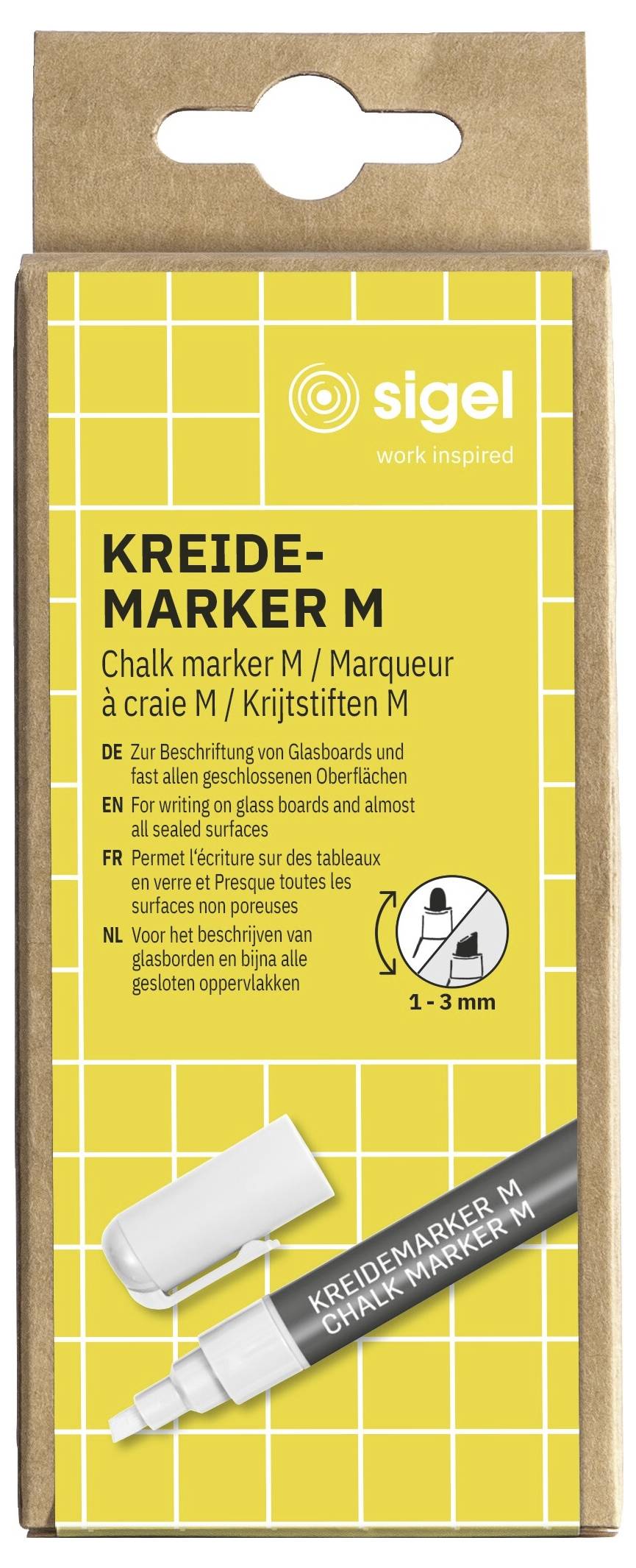 Verpackung für Sigel Kreide-Marker M, ein weißer Kreidemarker mit 1-3 mm Spitze, in einer gelben Schachteln mit Gittermuster.