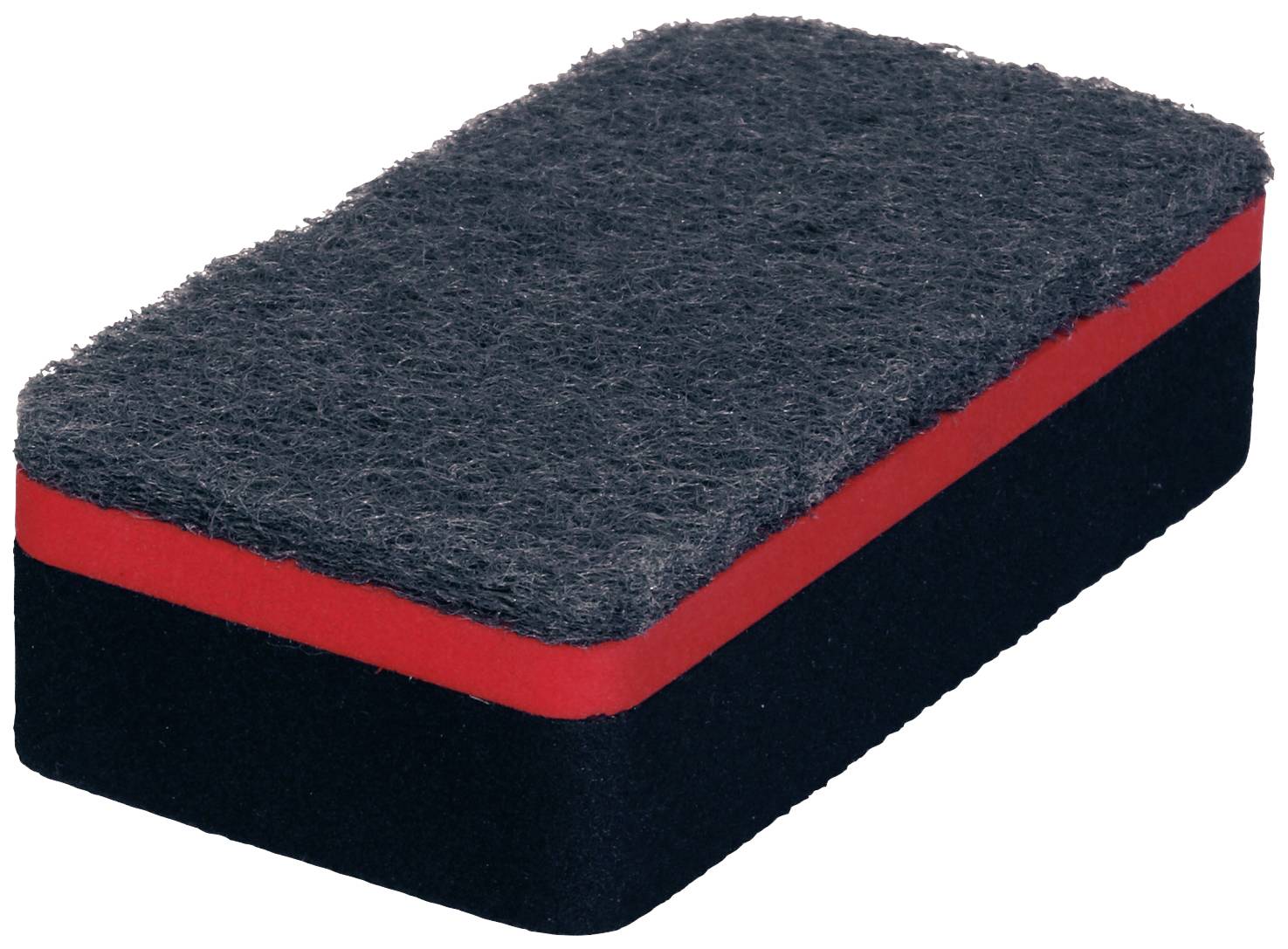 Ein rechteckiger Tafelschwamm mit schwarzer und roter Schicht, verwendet zum Reinigen von Whiteboards.