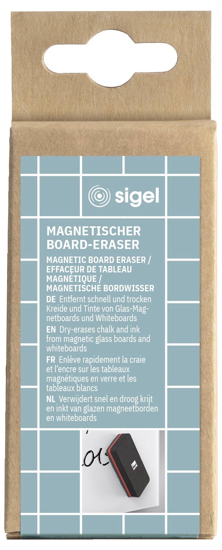 Verpackung für einen Sigel Magnetboard-Radierer, gezeigt in einer braunen Kartonschachtel mit etikett aus Blaugrün und Produktbild.