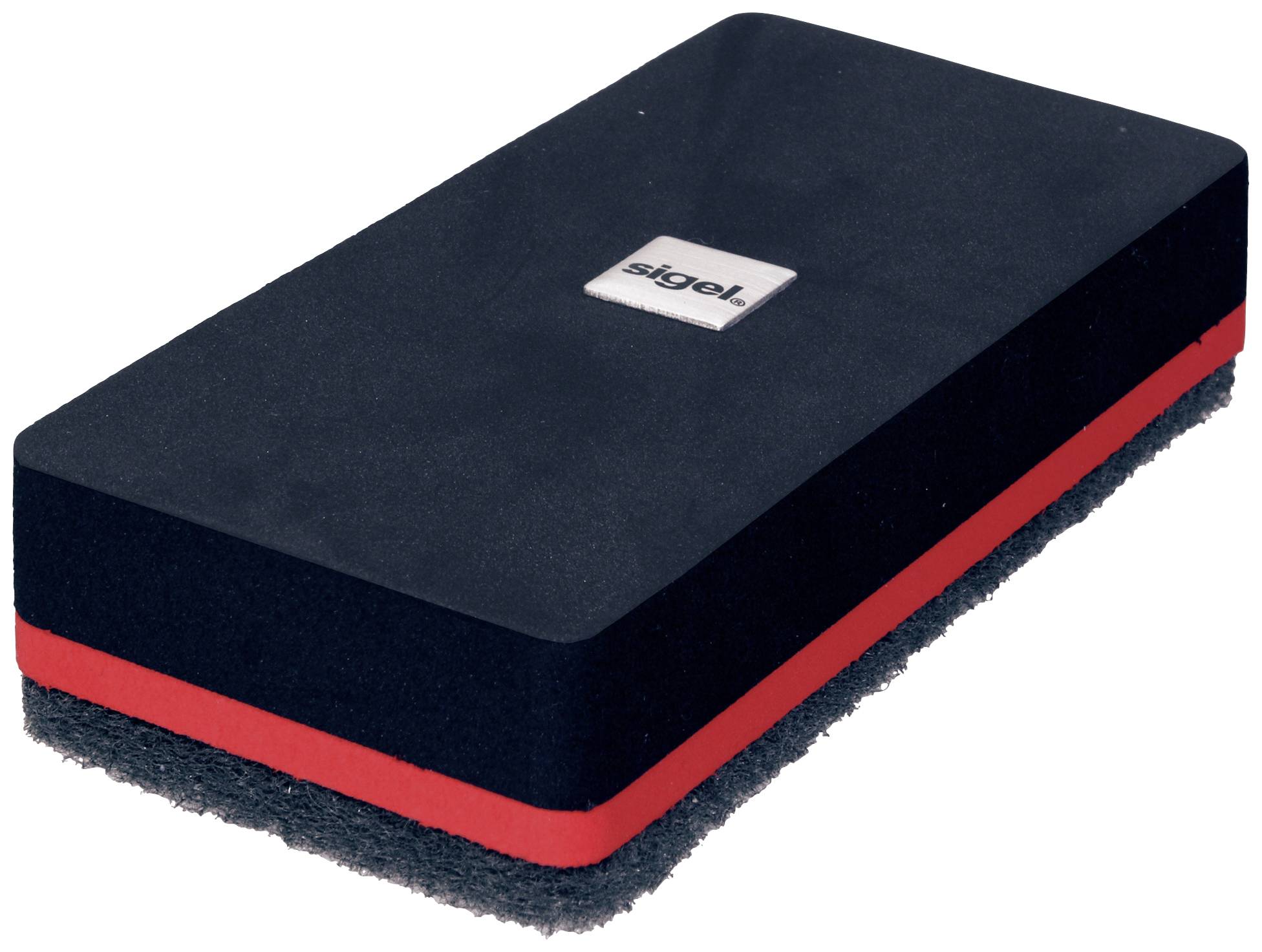 Schwarzer Tafelschwamm mit rot-schwarzem Rand, verwendet zum Reinigen von Whiteboards.