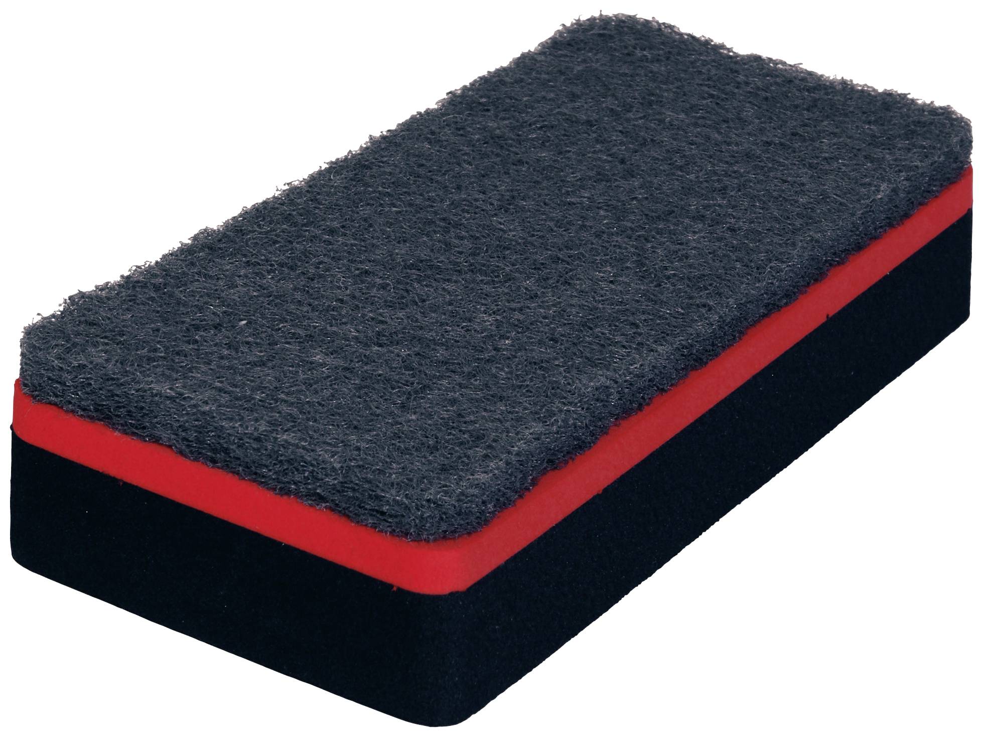 Ein rechteckiger Tafelschwamm mit schwarzer und roter Schicht, zum Abwischen von Tafeloberflächen.
