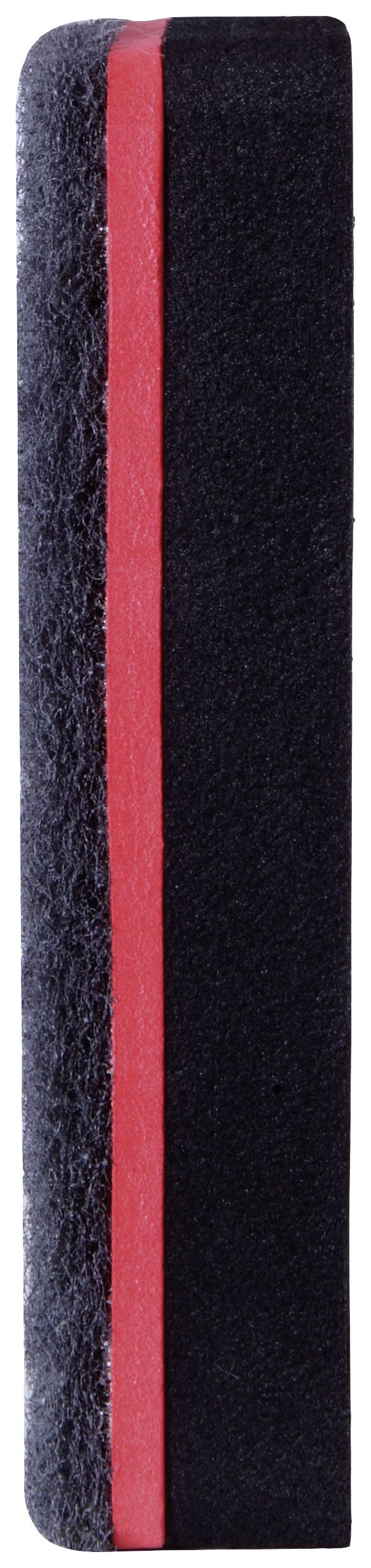 Ein schwarzer Schuhschwamm mit einem roten Mittelstreifen in der Mitte.