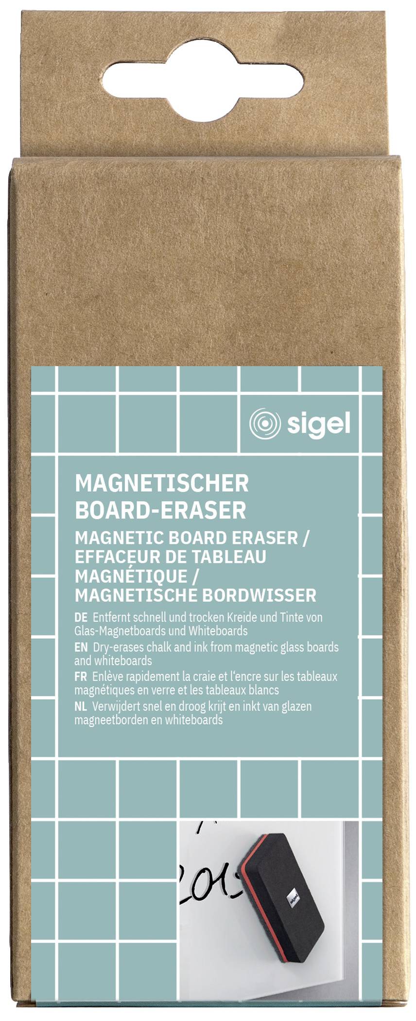 Verpackung für einen magnetischen Tafellöscher. Enthält Produktbeschreibung auf mehreren Sprachen. Zeigt Bild des Löschers auf Tafel.