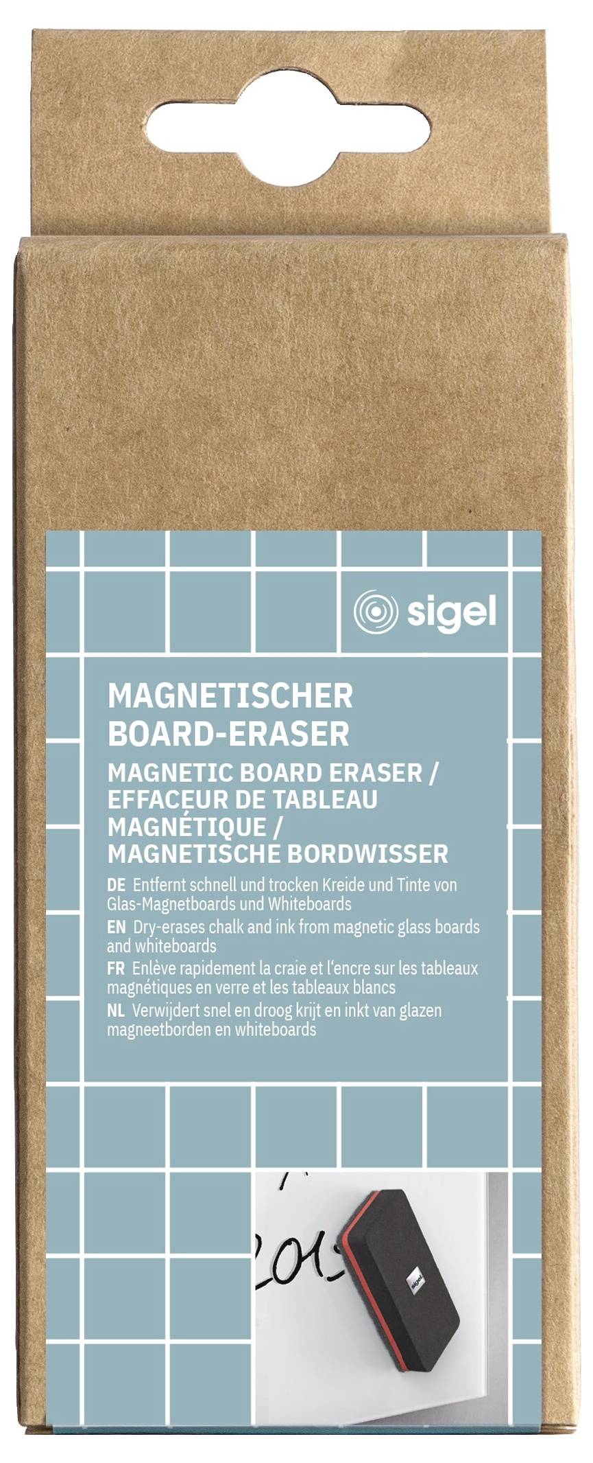 Kartonverpackung für einen Sigel-Magnetboard-Radierer mit türkisfarbenem Etikett, das "MAGNETISCHER BOARD-ERASER" zeigt und ein kleines Radiererbild enthält.