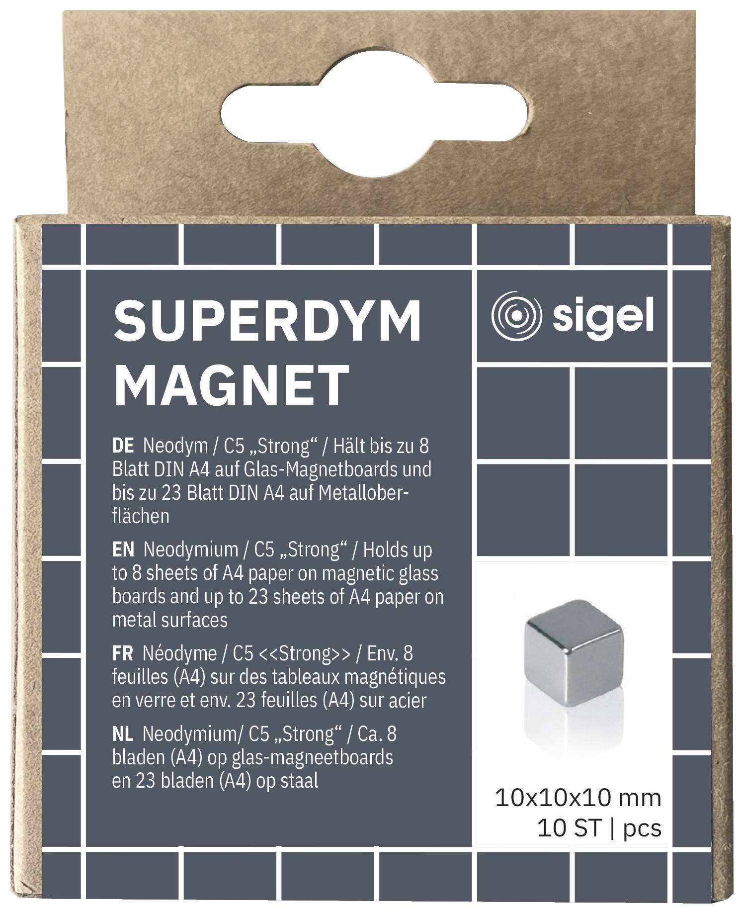Verpackung eines 'SUPERDYM MAGNETs' von Sigel. Zeigt einen kleinen, silbernen Würfelmagnet auf grauem Hintergrund. Maße: 10x10x10 mm.