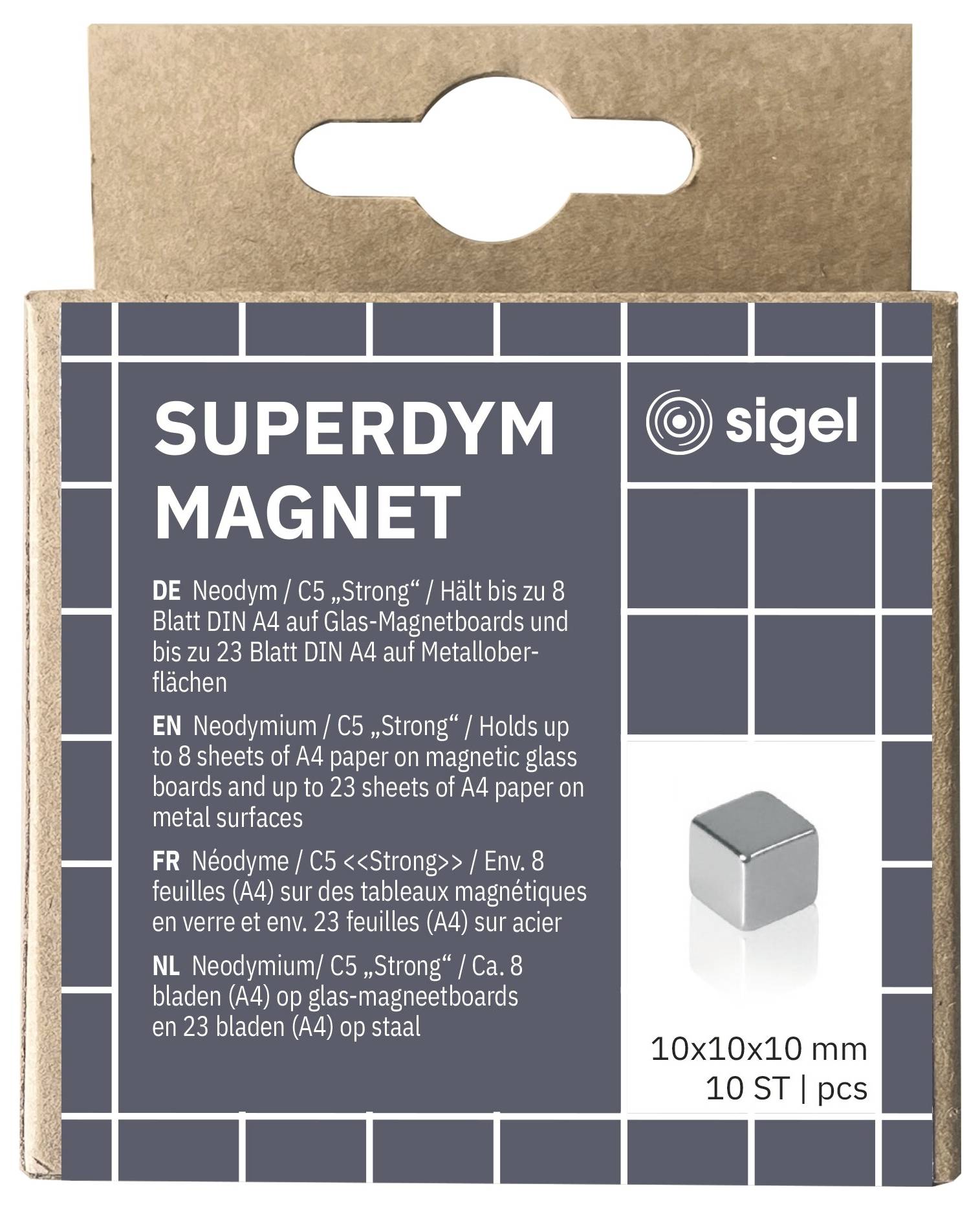Paket Sigel Superdym Magnet, Neodym-Würfelmagnete, 10x10x10 mm, 10 Stück, gezeigt mit Produktinformationen in mehreren Sprachen.