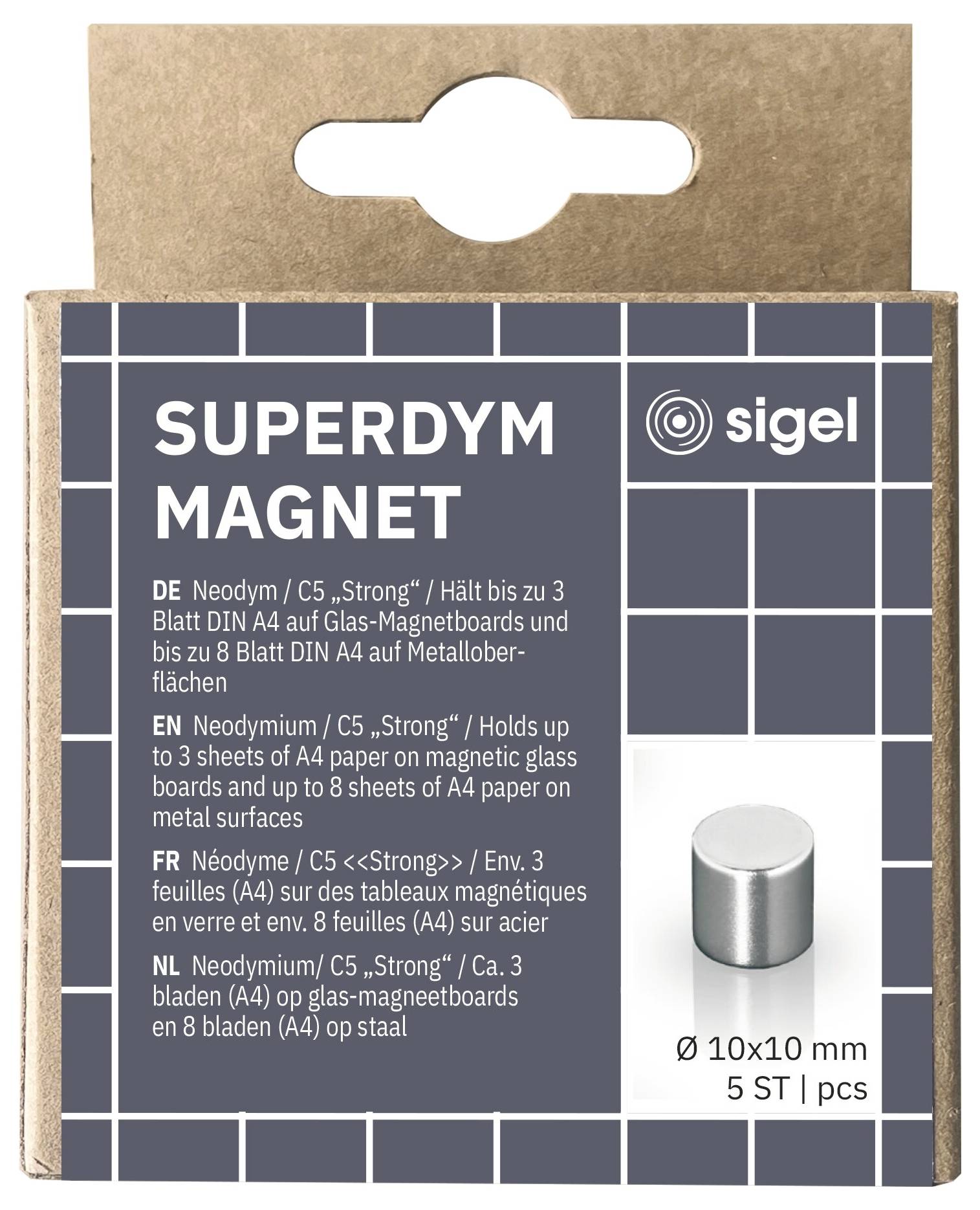 Verpackung für „SUPERDYM MAGNET" von Sigel, zeigt einen silbernen zylindrischen Neodym-Magneten, 10x10 mm, 5 Stück, zum Halten von Papier auf magnetischen Glas- oder Metallflächen.