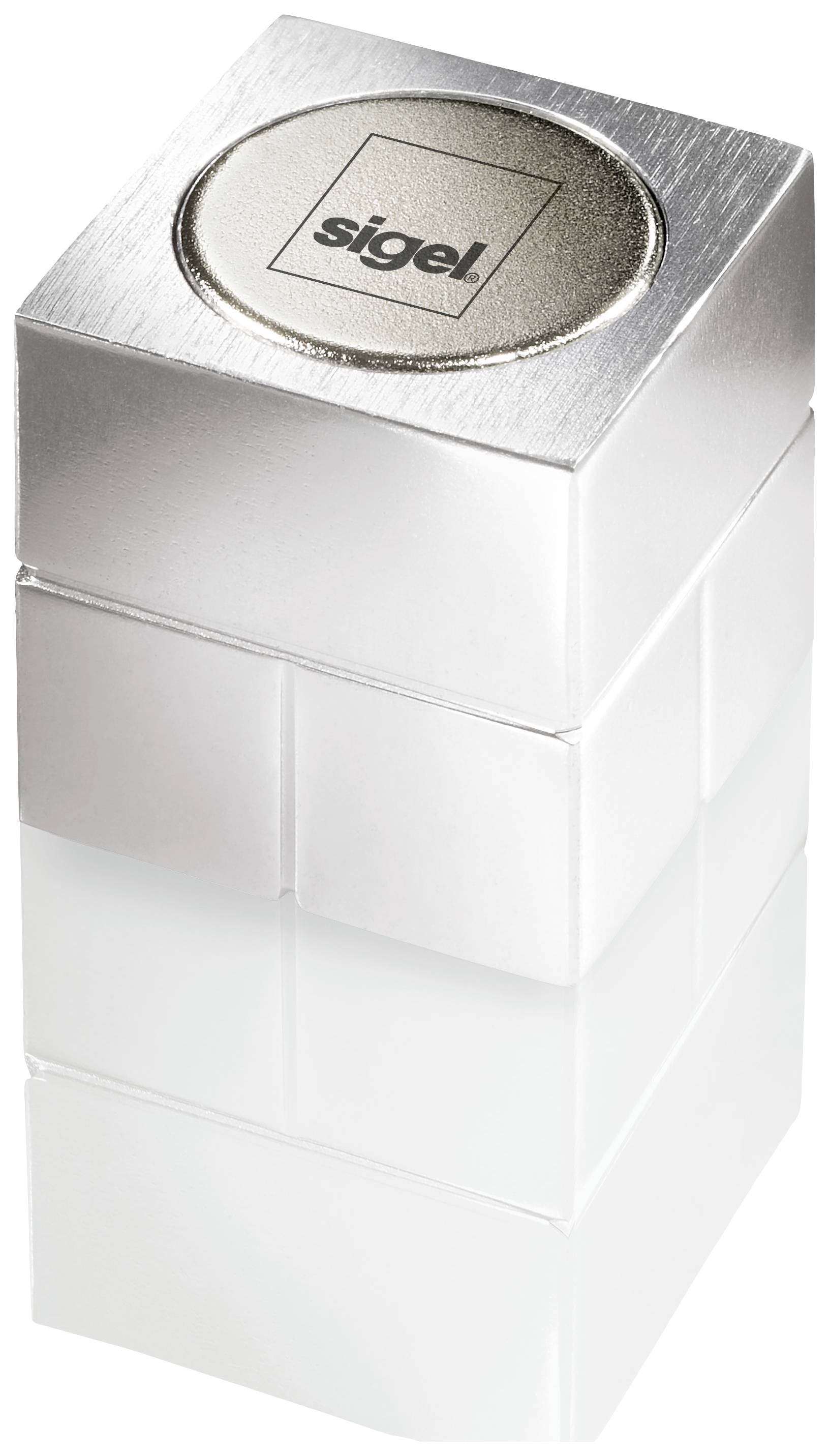 Ein silberner, würfelförmiger Stempel mit dem Etikett 'sigel' auf der Kappe.