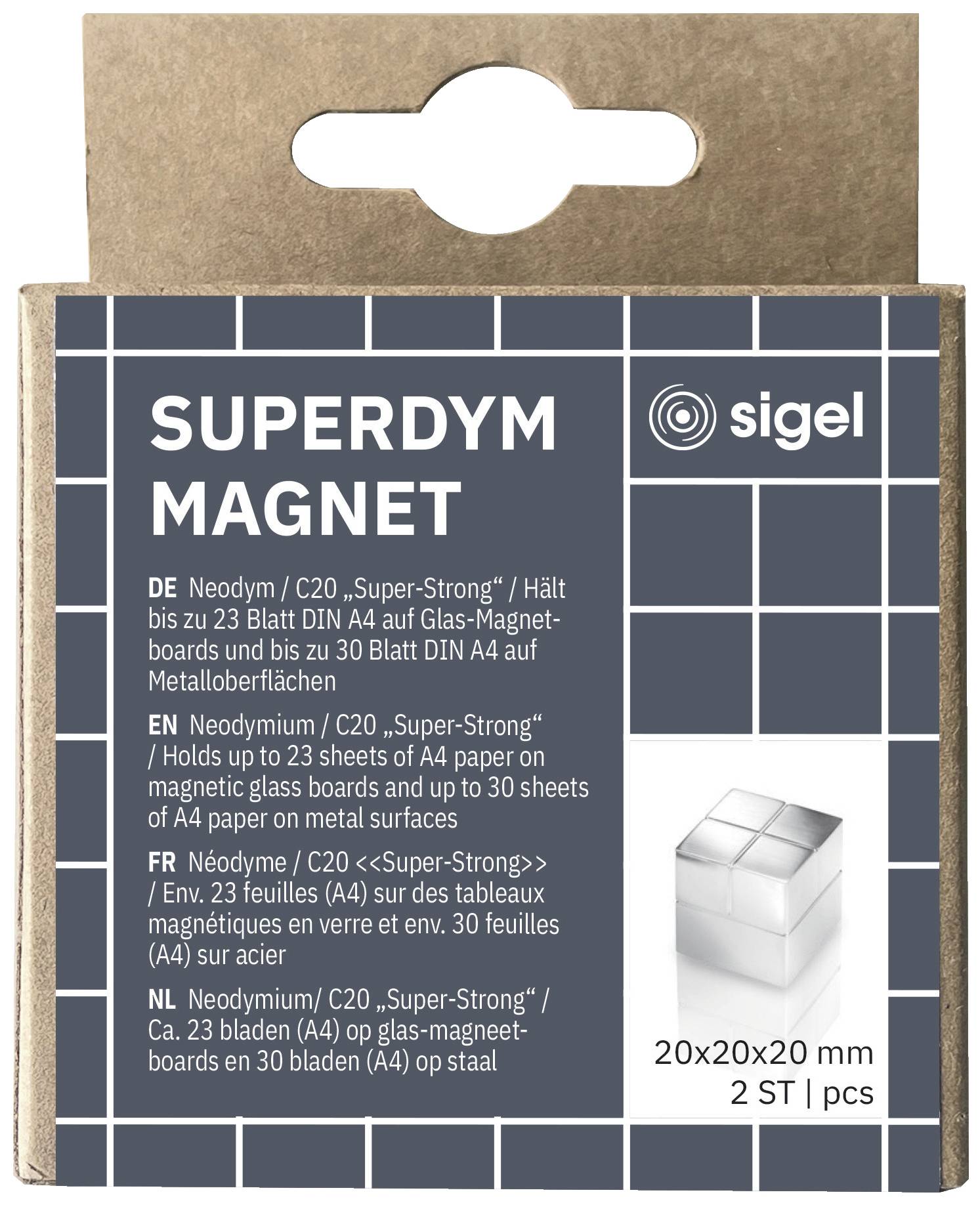 Verpackung eines Superdym-Magneten von Sigel. Text in mehreren Sprachen beschreibt die Stärke und Anwendung auf Magnettafeln.