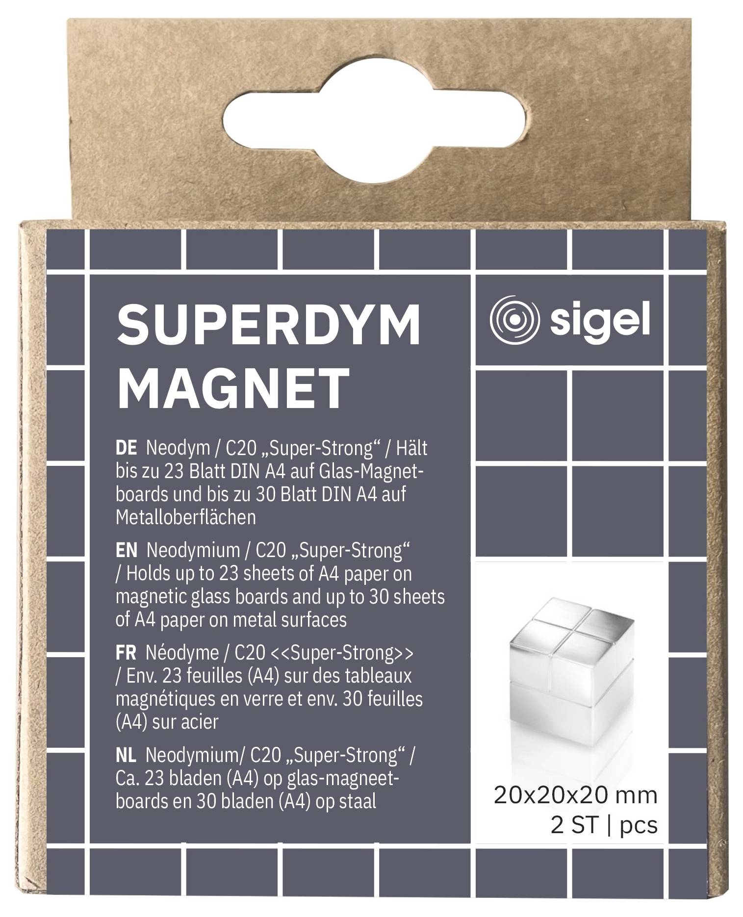 Verpackung für Sigel 'SUPERDYM MAGNET' Neodymmagnete, die ein 20x20x20 mm 2er-Set zum Halten von Papier auf Glas- oder Metallboards zeigt.
